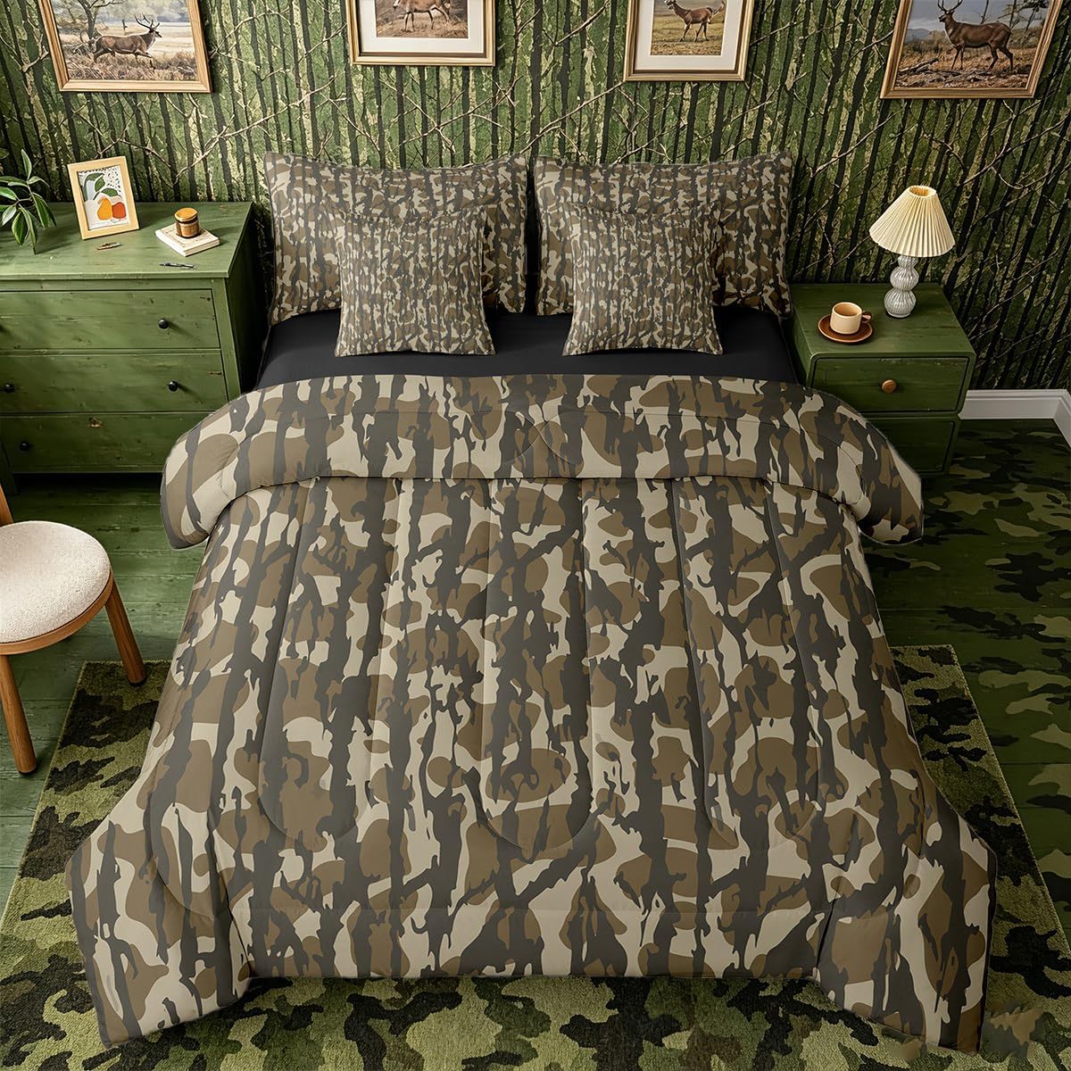 Feelyou Camouflage 7 Piece Bedding Set, Full Size Kids Camo Bed in a Bag, Military Style Bed Set Includes Comforter, Sheet Set, Pillowcases & Pillow Covers Breathable Soft Army Green Room Decor