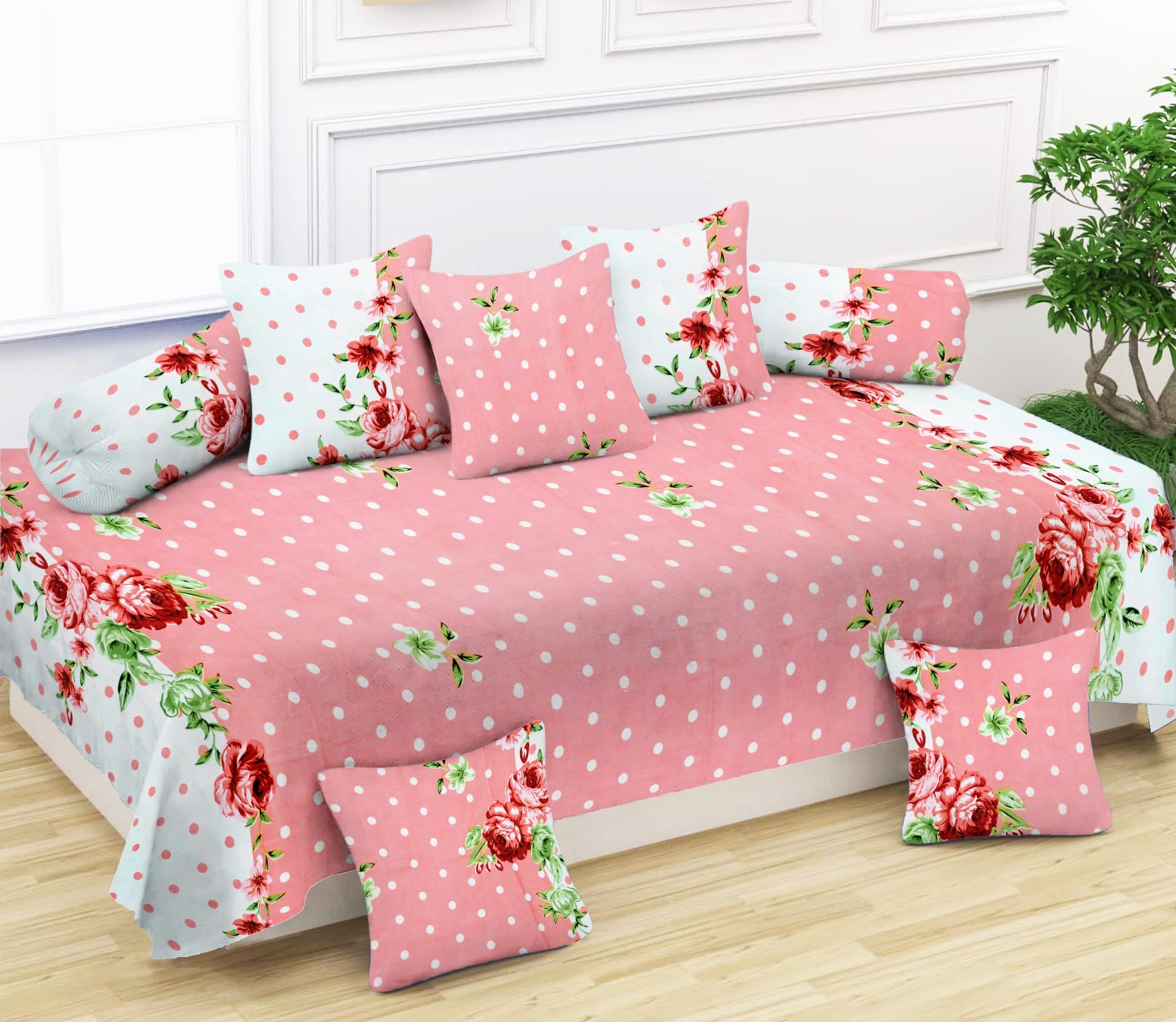 BLUEDOT 200 TC Glace Cotton Single Diwan Set with 5cushion Cover and 2 Bolster Cover (Pack of 1) (Pink)-image-2