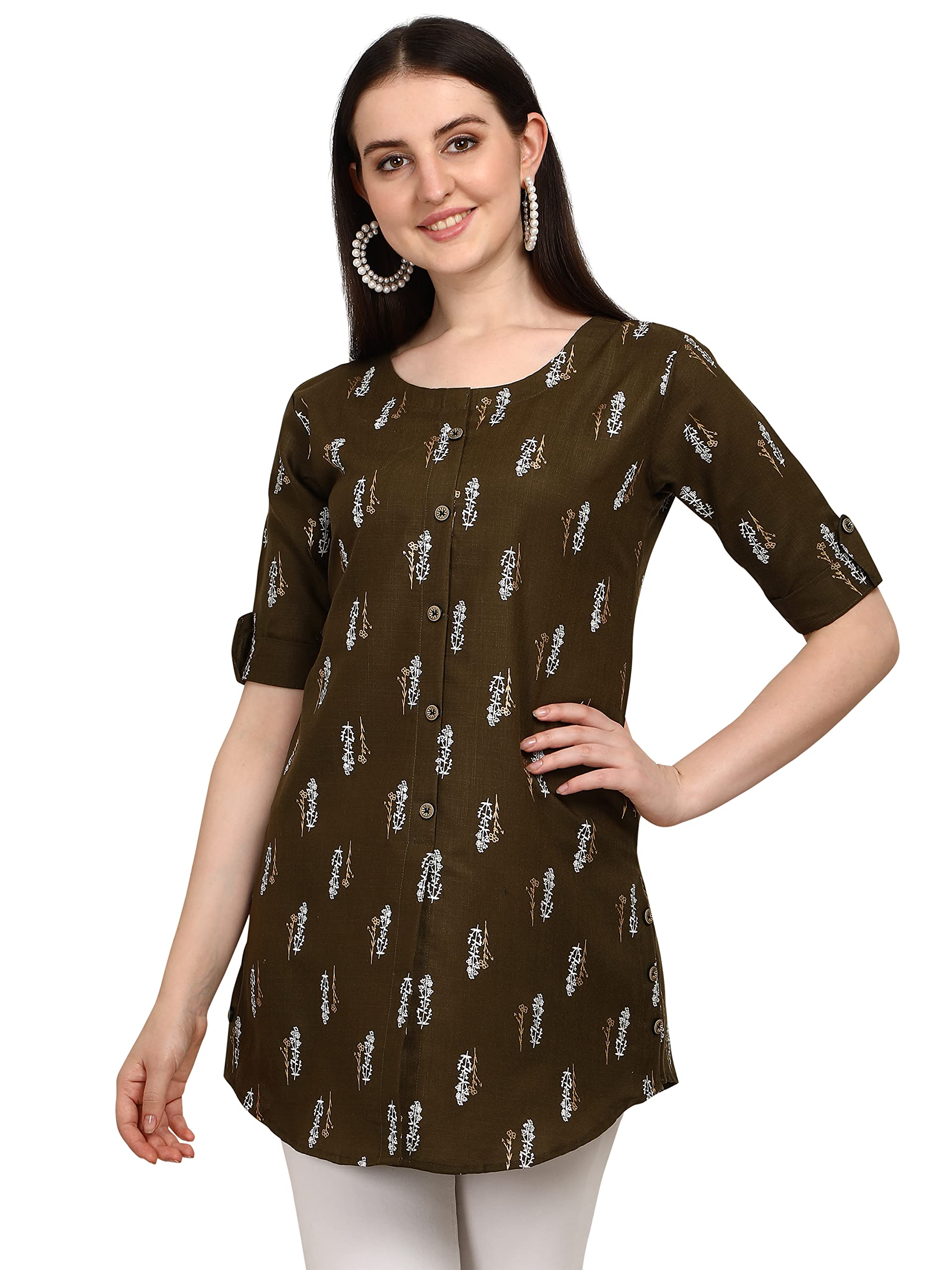 Leriya Fashion Rayon Fabric Printed Round Neck Short Kurtis For Women Top Dresses Kurti For Girls & Ladies Kurtis (Xx-Large, Brown)
