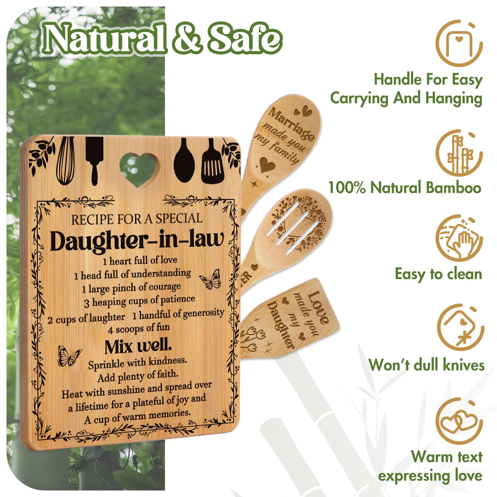 Gifts for Daughter in Law - "Recipe for a Special Daughter-in-Law" Daughter in Law Birthday Gifts Cutting Board Set, Bamboo-Made Engraved Utensil Set Mothers Day Gifts for Daughter in Law