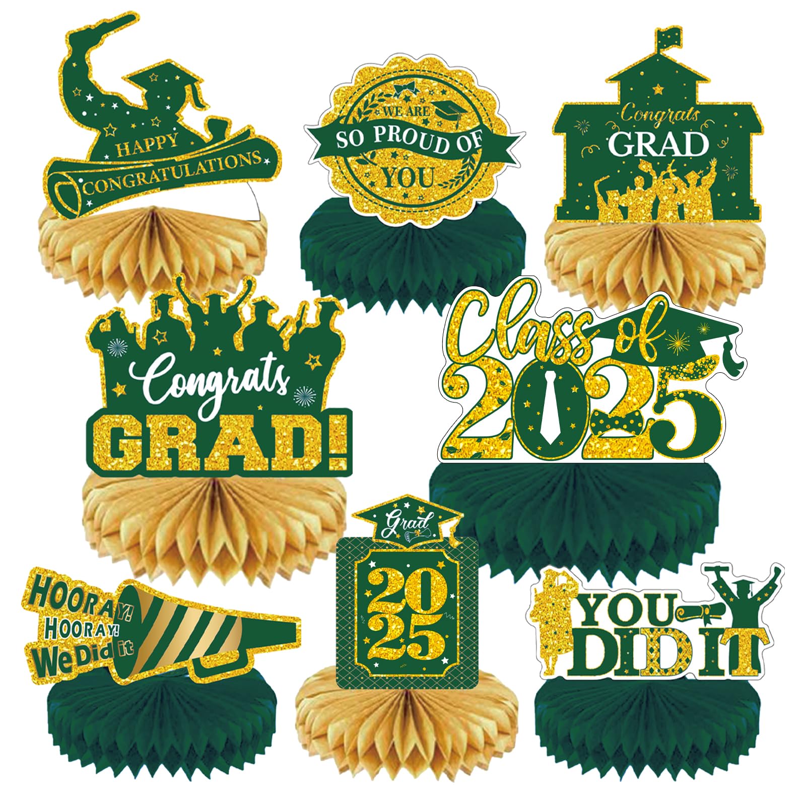 2025 Graduation Party Decorations - Green Gold Class of 2025 Graduation Party Decorations Honeycomb Centerpieces for Tables Congratulate for 2025 Congrats Grad Party Supplies Favors 8 Pcs