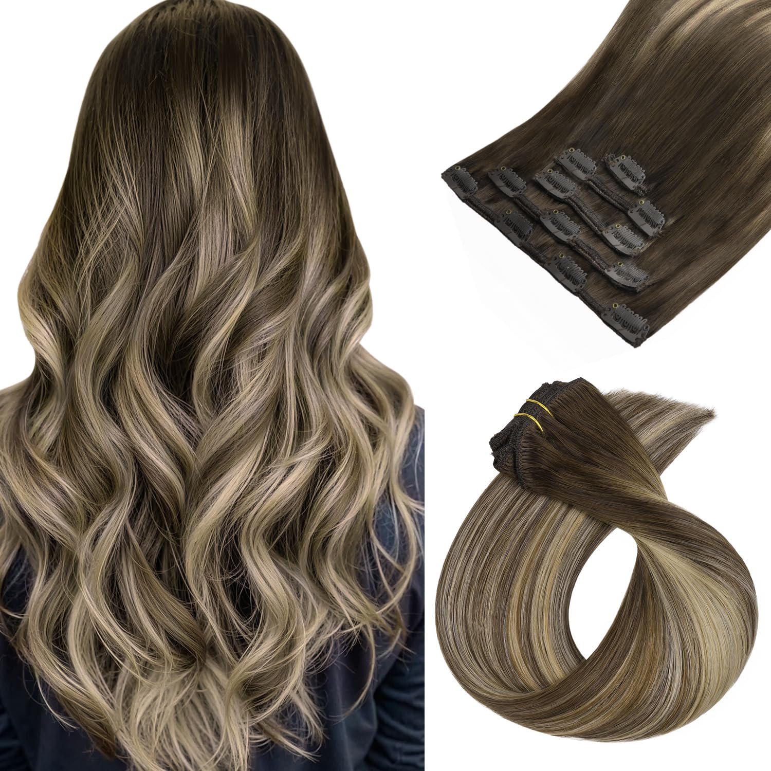 hotbanana Clip In Extensions Echthaar Schokoladenbraun mit Honigblond Unsichtbar Clip In Echthaar Extensions Günstig Haarverlängerung Echthaar Remy Hair Extensions 35cm 75g 5pcs