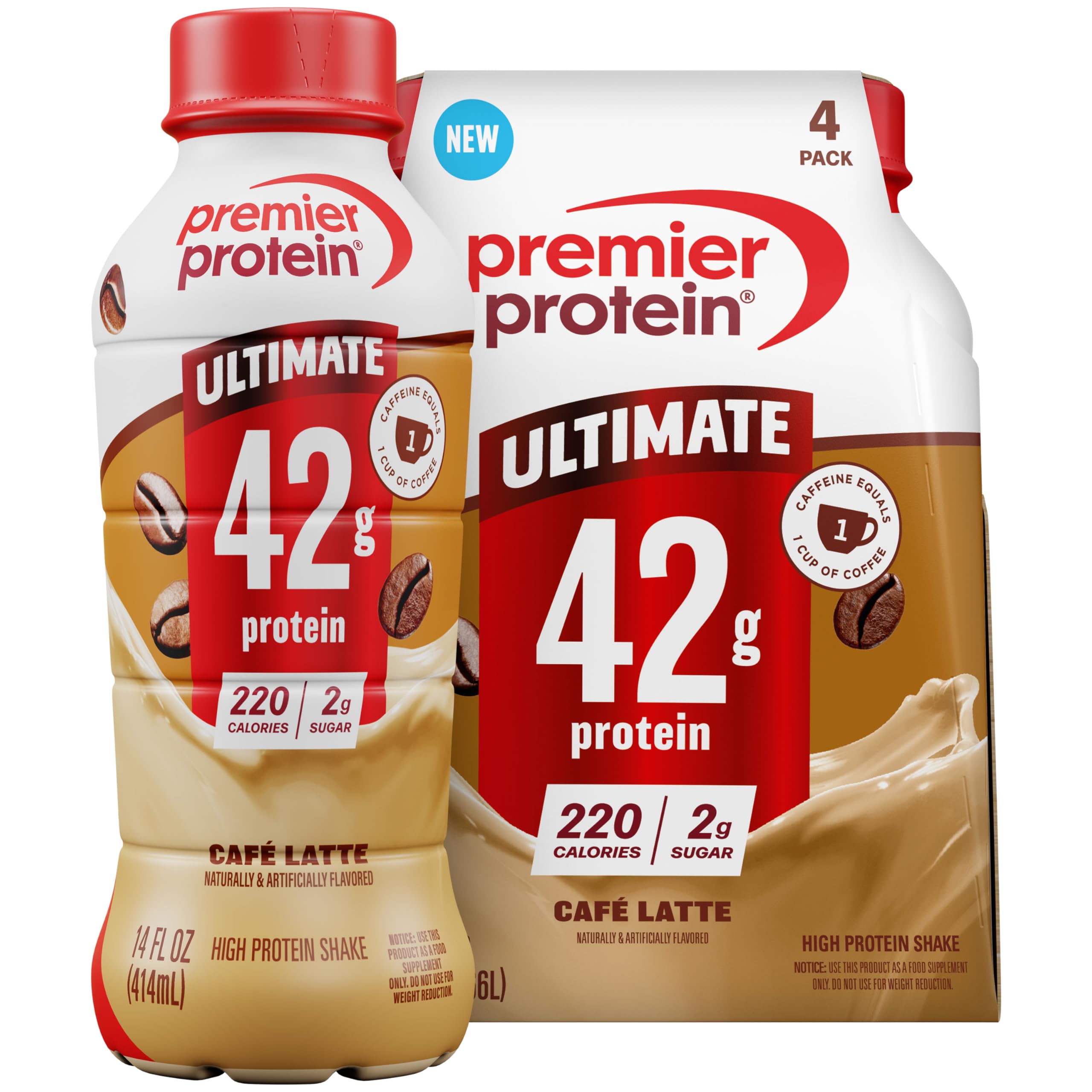 Premier Protein Shake proteico Café Latte com cafeína, 42 g de proteína, pacote com 4 garrafas