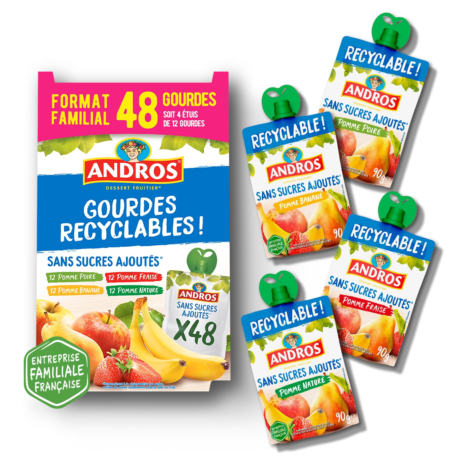 ANDROS - Compote de Fruit - Gourde Recyclable - Sans Sucre Ajouté - Goût Pomme + Pomme/Poire + Pomme/Fraise + Pomme/Banane - Idéal pour le Goûter des Enfants - Lot de 48