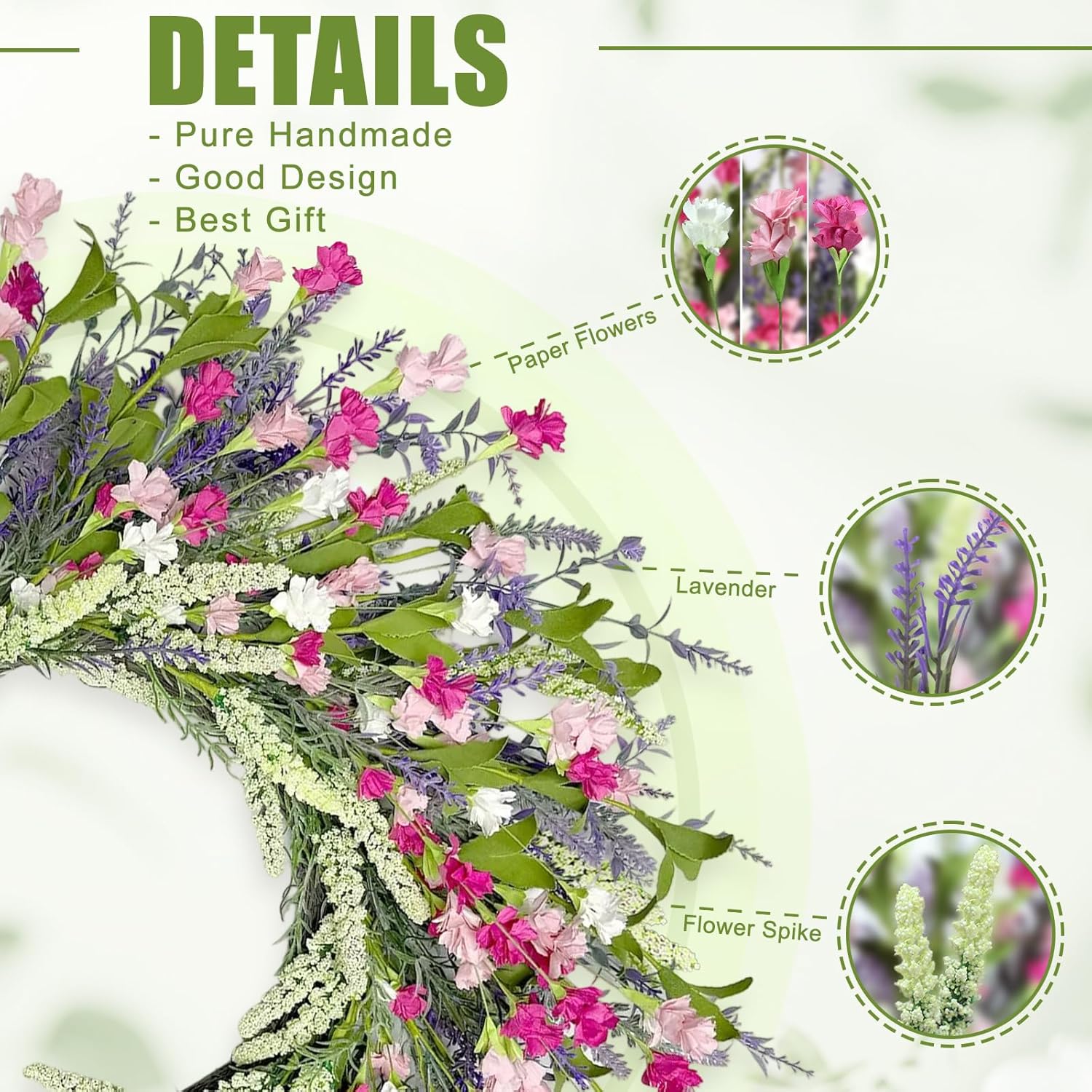 Artgar 26 Inch Spring Wreaths for Front Door, Spring Summer Lavender Paper Flower Wreaths for Home Farmhouse Windows Walls Porch Wedding Indoor Outdoor Decor for All Seasons (Pink) - Image 2