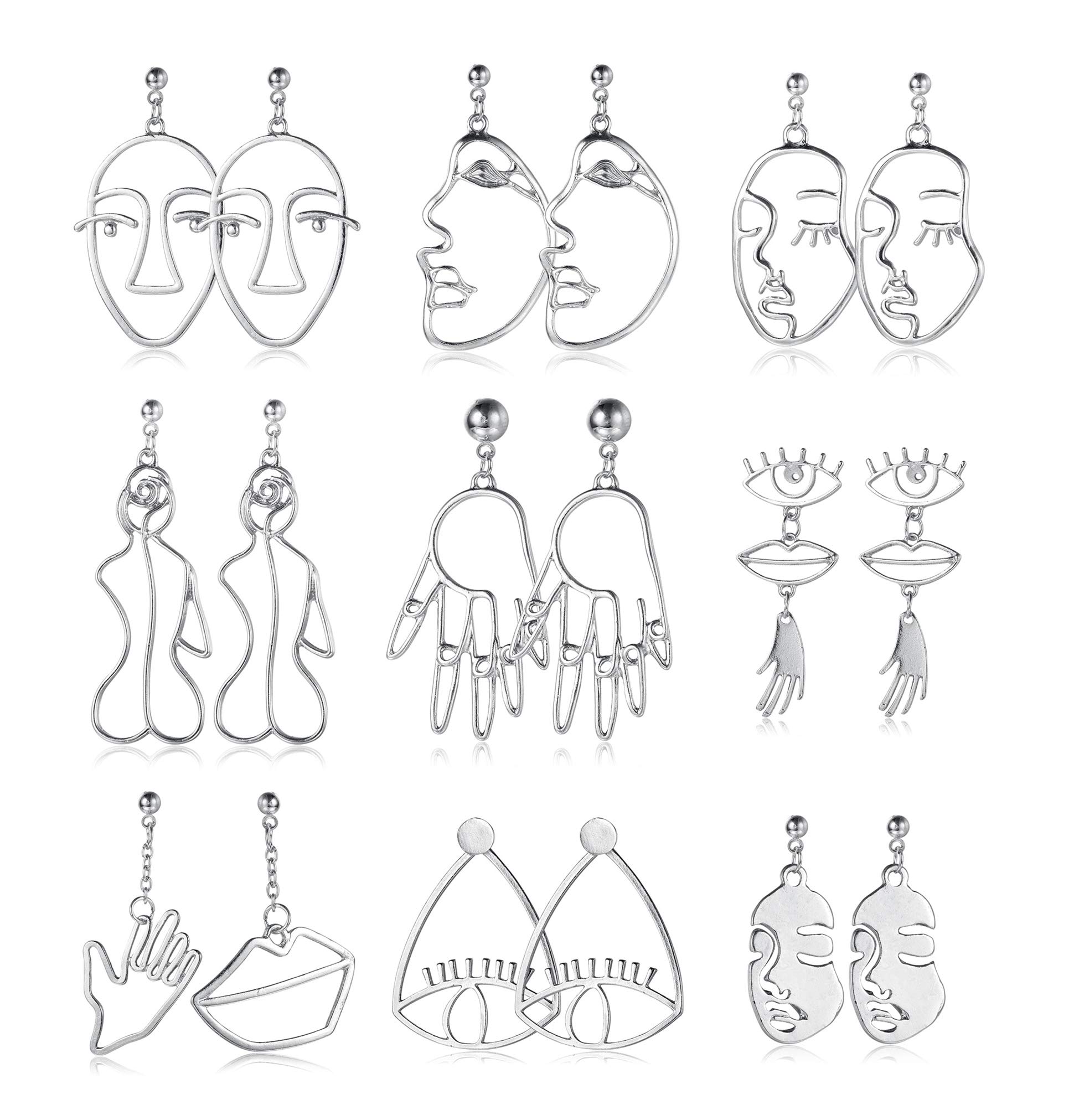 YADOCA9 Pairs Face Hand Earrings for Women Hollow Statement Geometric Fun Abstract Art Earrings
