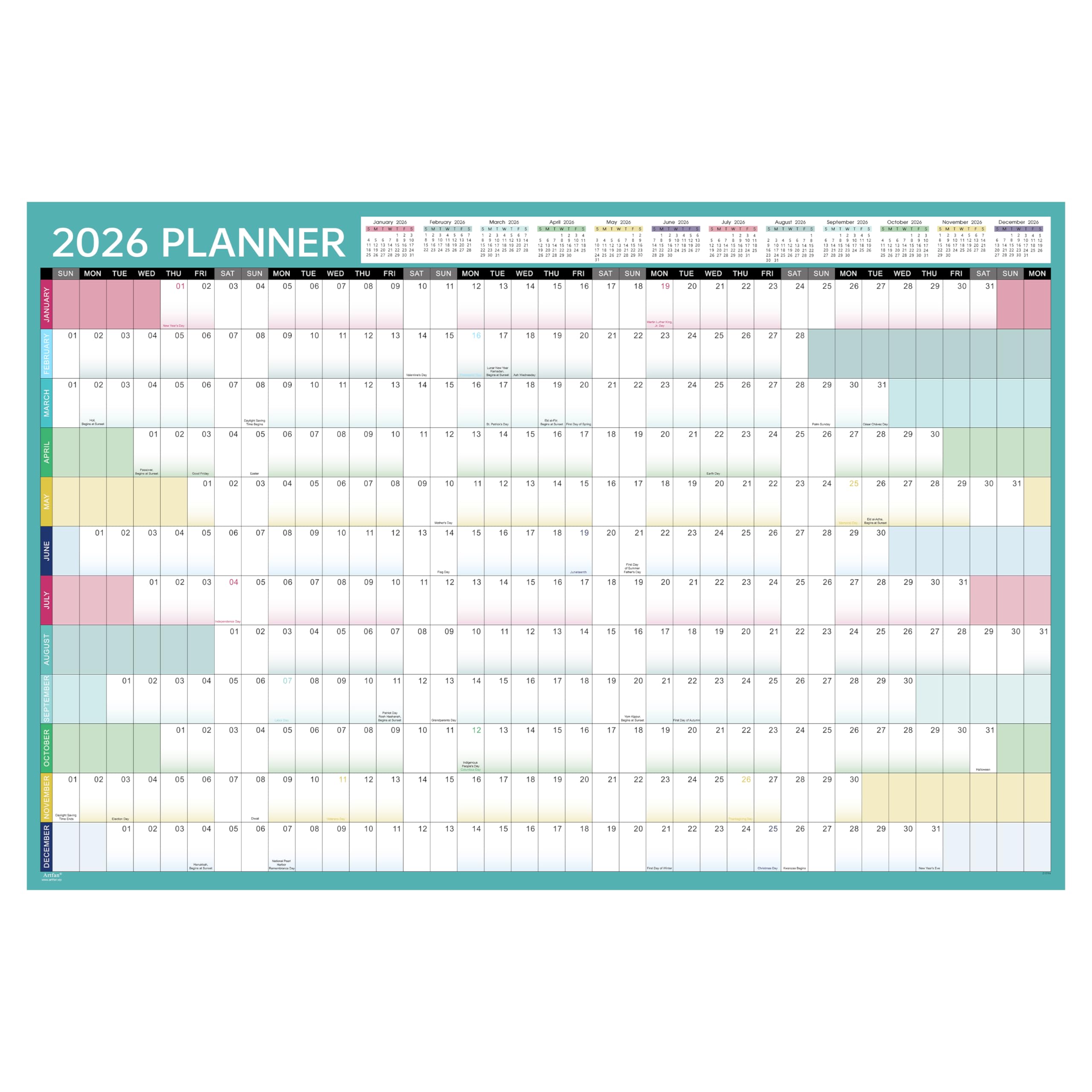 2026 Yearly Wall Calendar - 2026 Wall Calendar, Jan. 2026 - Dec. 2026, 2026 Yearly Calendar with Julian Dates, Thick Paper, Round Sticks, 34.9" x 23.1"(Open) - Colorful