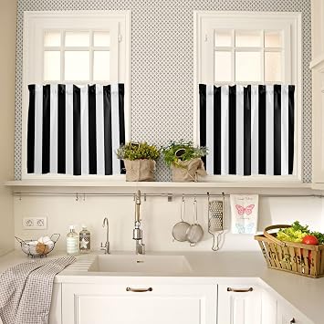 Small Window Curtain 36 Inch Length Simple Black and White Stripes Cafe Curtains for Window Rod Pocket Privacy Short Kitchen Curtains for Cafe Kitchen Bathroom, 2 Panels