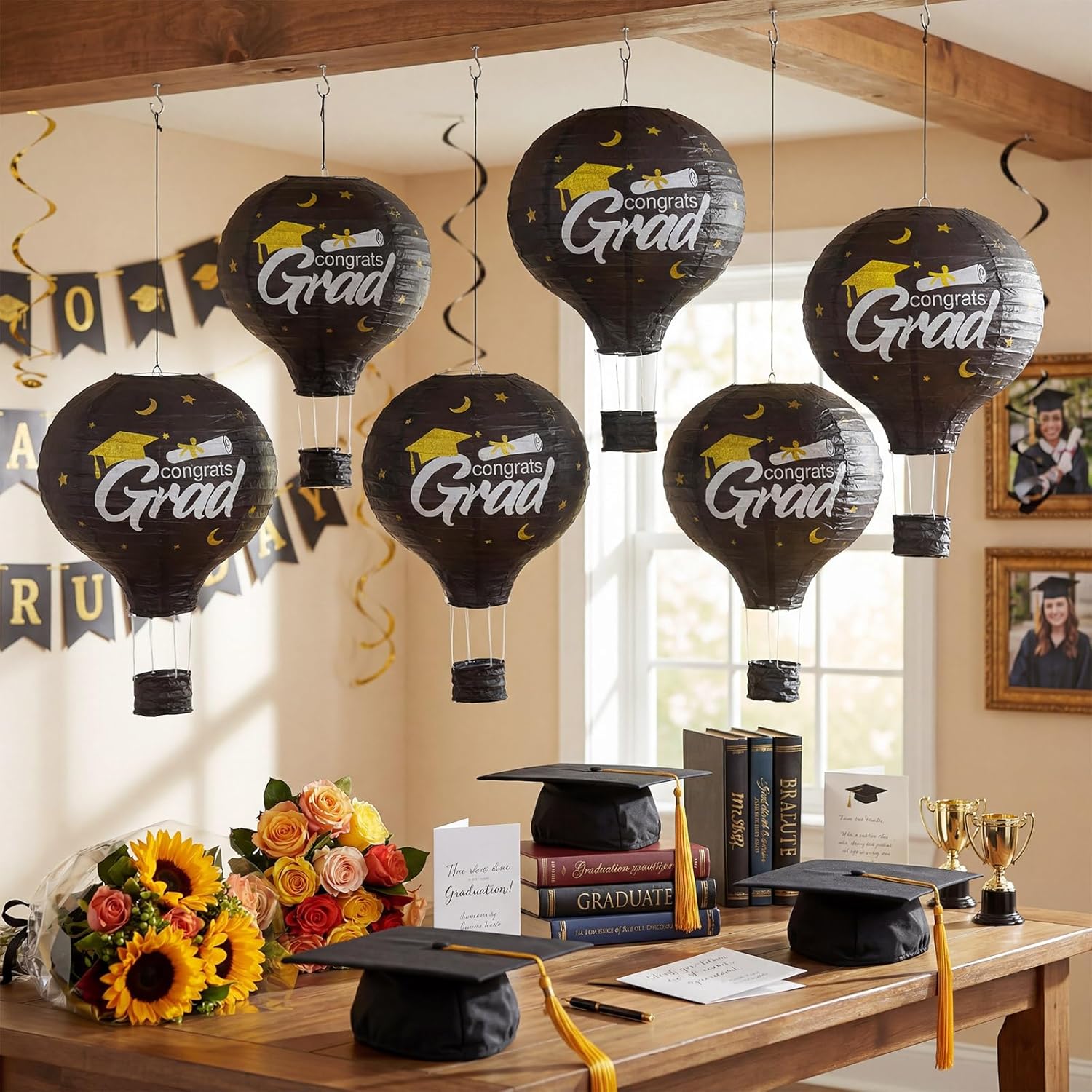 Fumete 6 Pcs Graduation Hanging Decoration Hot Air Balloon Paper Lanterns Set 12 Inch Reusable Black & Gold Congrats Grad Hot Air Balloon Paper Lanterns for DIY Graduation Party Ceremony Photo Booth
