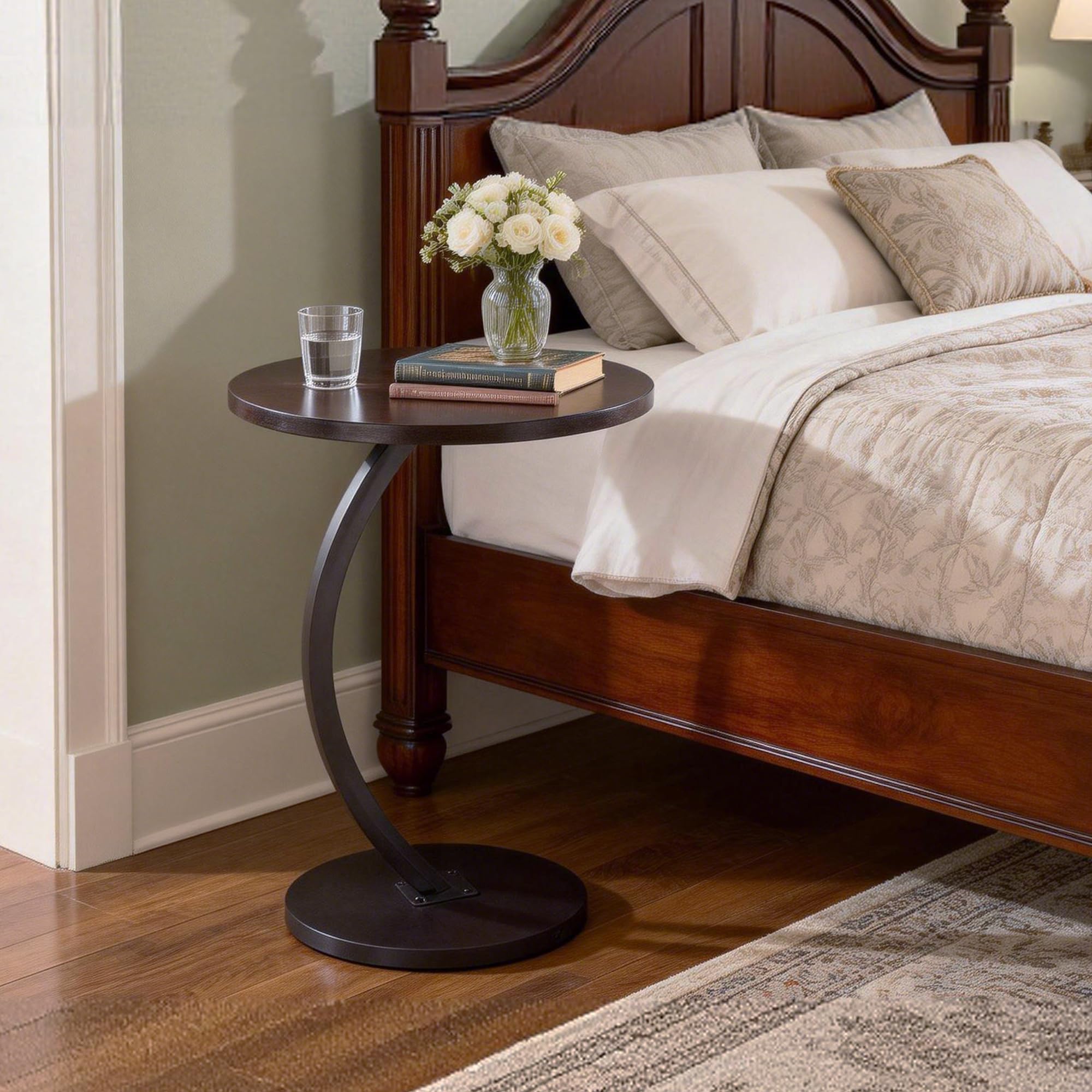 hsingchi modern small c shaped side table, round bedside sofa end table,tv tray table for eating, simple night stand, narrow side table for living room, bedroom, office, black