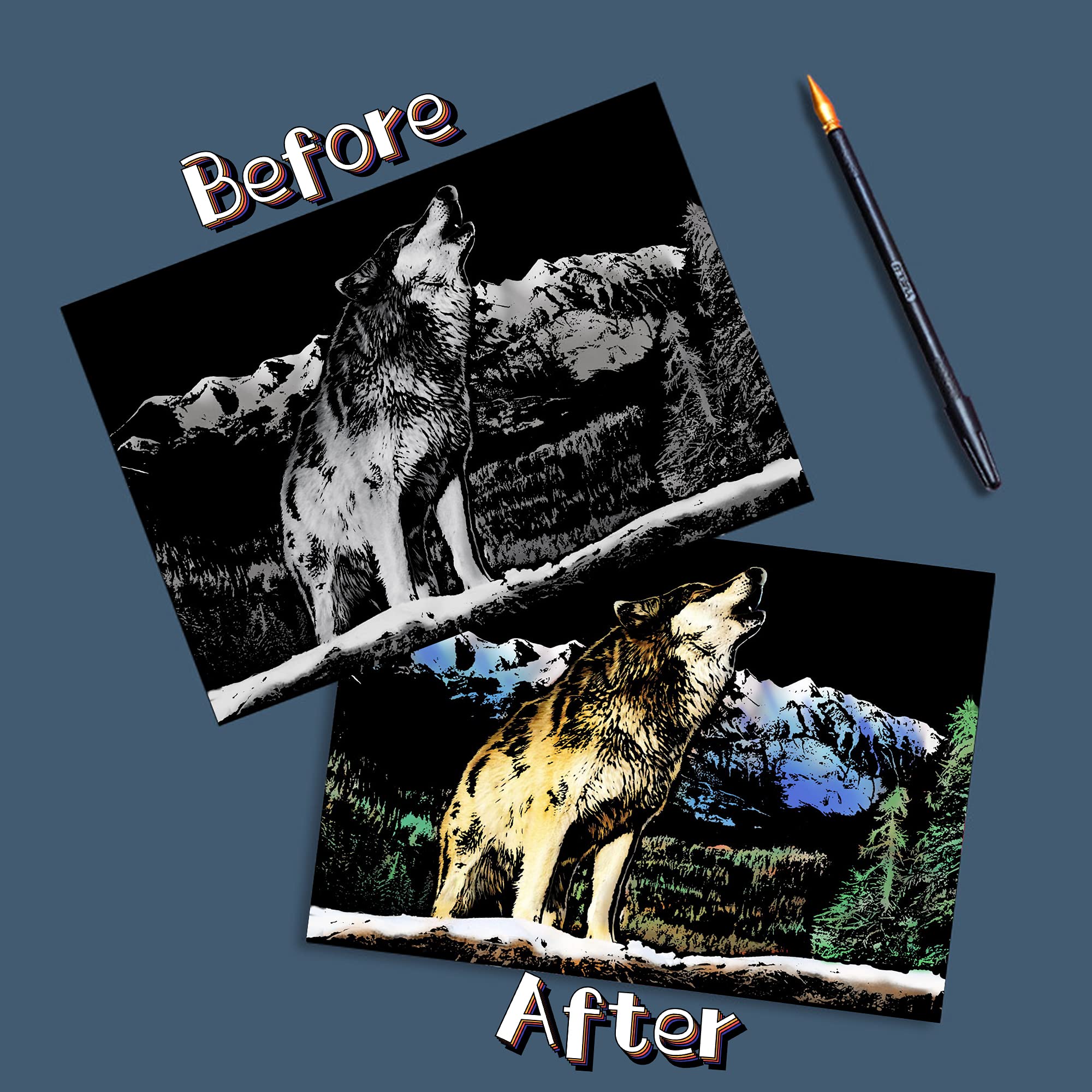 Papier d'art à gratter arc-en-ciel pour enfants et adultes, série animalière, cadeaux créatifs et loisirs créatifs avec 4 outils, 40,6 x 27,9 cm (guépard et loup