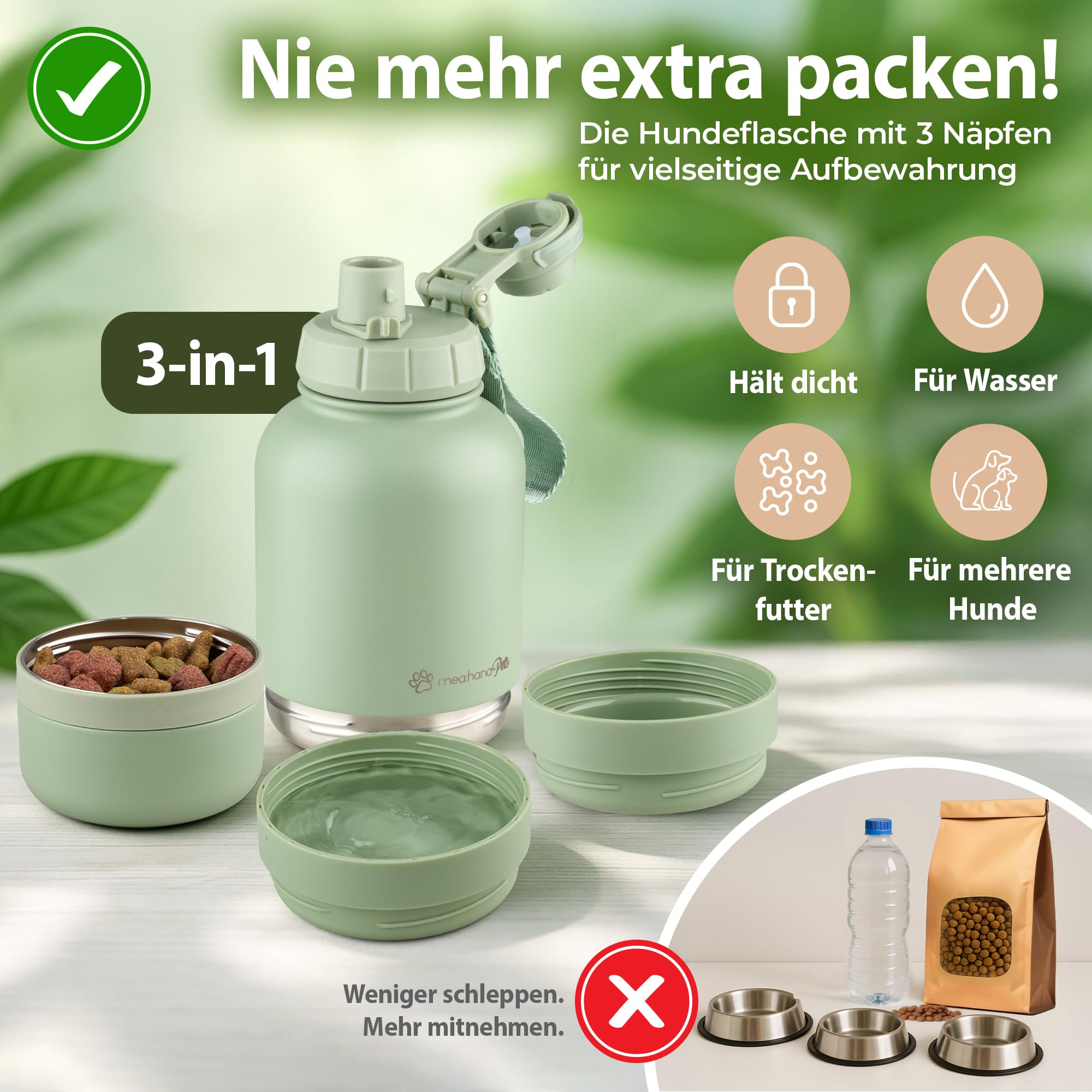 Pets Hundetrinkflasche für unterwegs 1l mit Näpfen -Ideal für Reisen,Outdoor- Isolierte Edelstahl Flasche mit Napf, Hundezubehör, Hundeflasche mit Futterbehälter - GRATIS Tragegriff