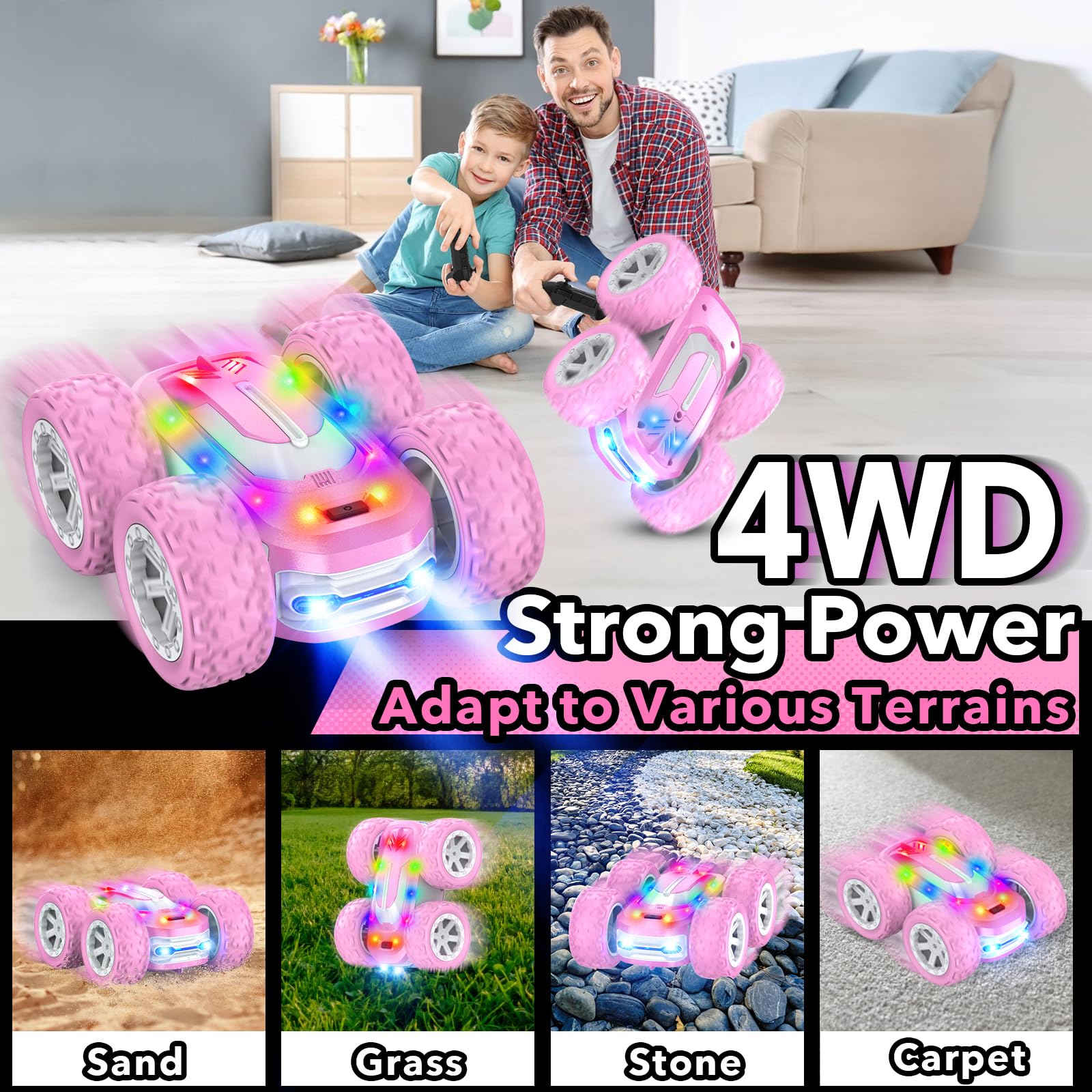 Voiture Télécommandée Fille, Jouet Enfant 8 9 10 11 12 Ans 4WD Voiture Cascadeuse 360° Rotation avec Lumière LED RC Drift Course Camion Tout Terrain Jeux Exterieur Jardin Cadeaux Garçons Filles (Rose)