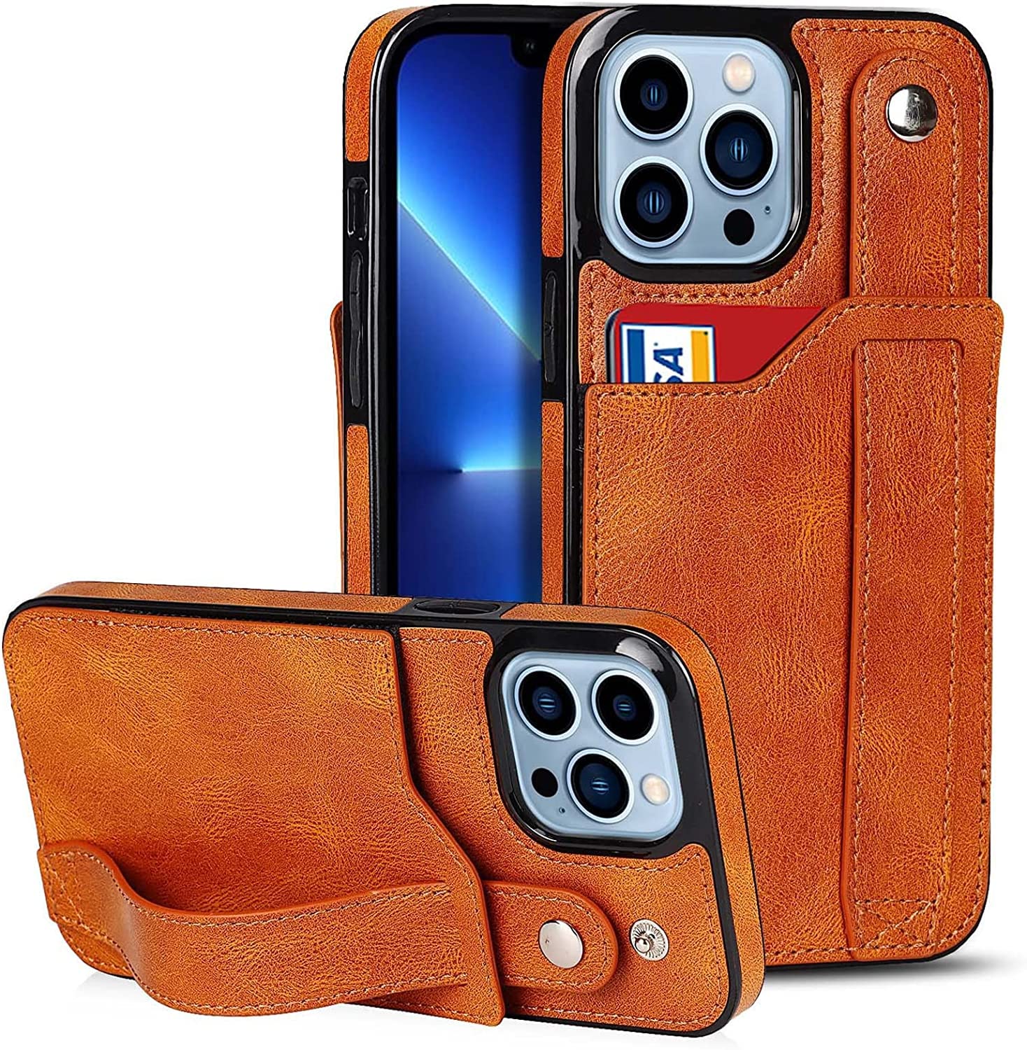 Étui portefeuille iPhone 13 Pro Max housse antichoc orange rabat porte-carte - 6