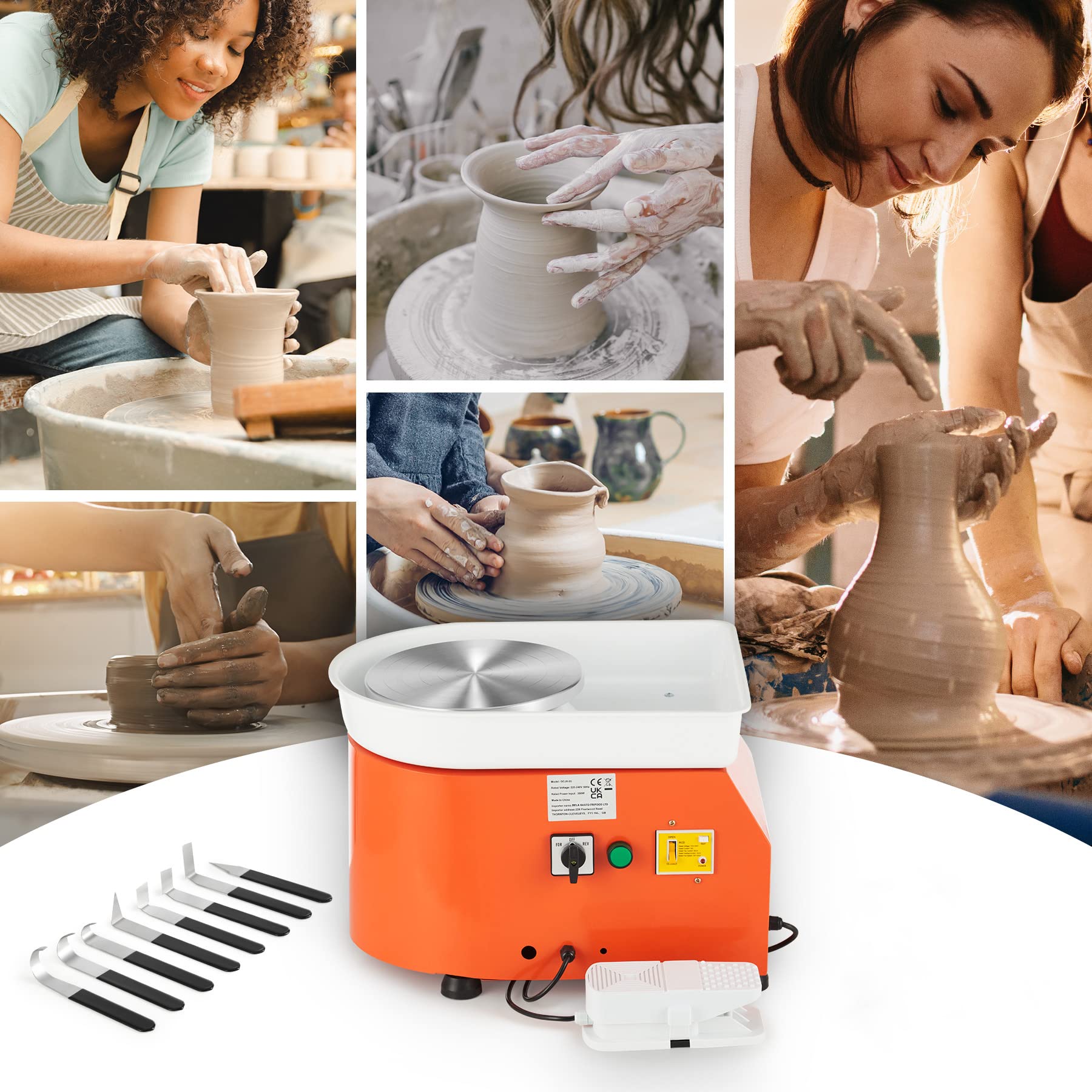 CREWORKS Torno de Alfarero 25cm Rueda de Cerámica con Pedal de Pie 350W Máquina de Rueda de Cerámica Eléctrica Motorizada 300RPM Torno Alfareria Electrico para DIY Artesanía