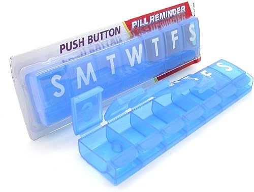 Acu-Life Organizador semanal de píldoras (7 días), estuche de vitaminas y caja de medicamentos, apertura de botón, compartimentos XL, color azul
