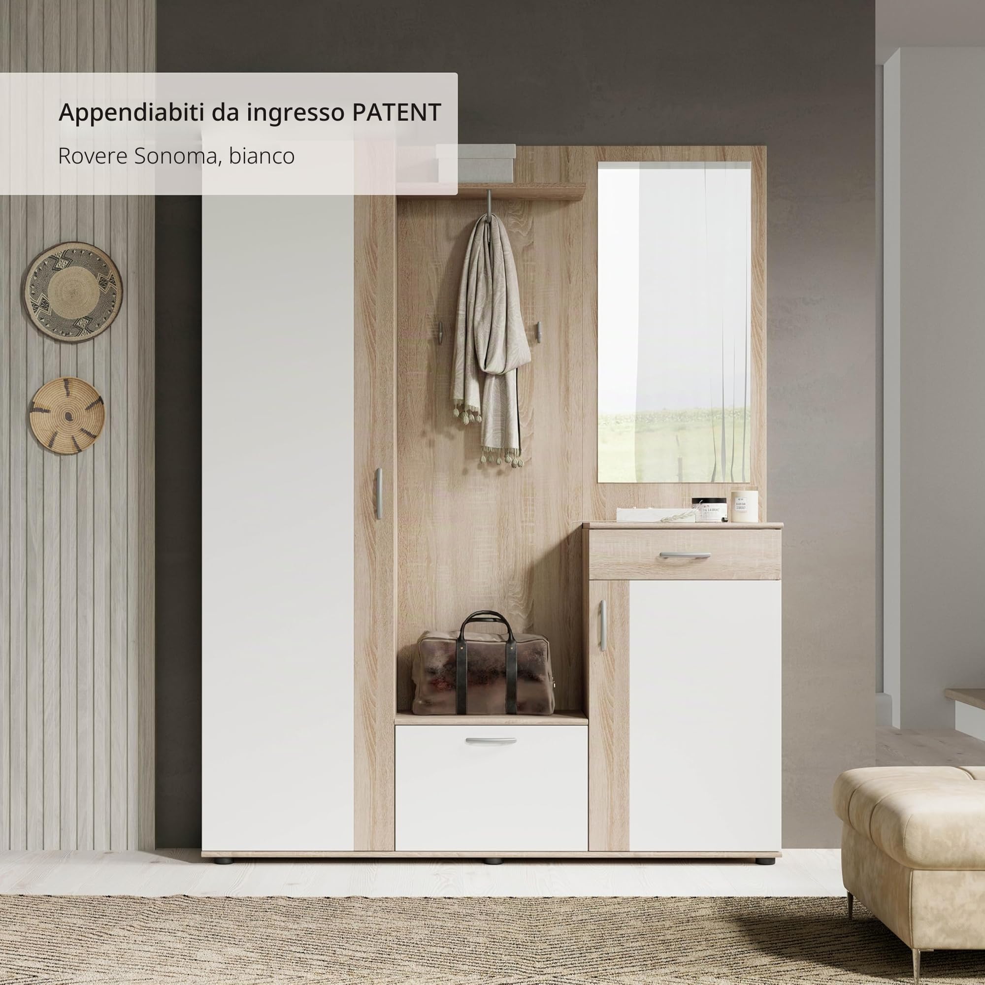 Stella Trading, PATENT Set mobili da ingresso in rovere sonoma, bianco, moderno con specchio, 145 x 184 x 29 cm