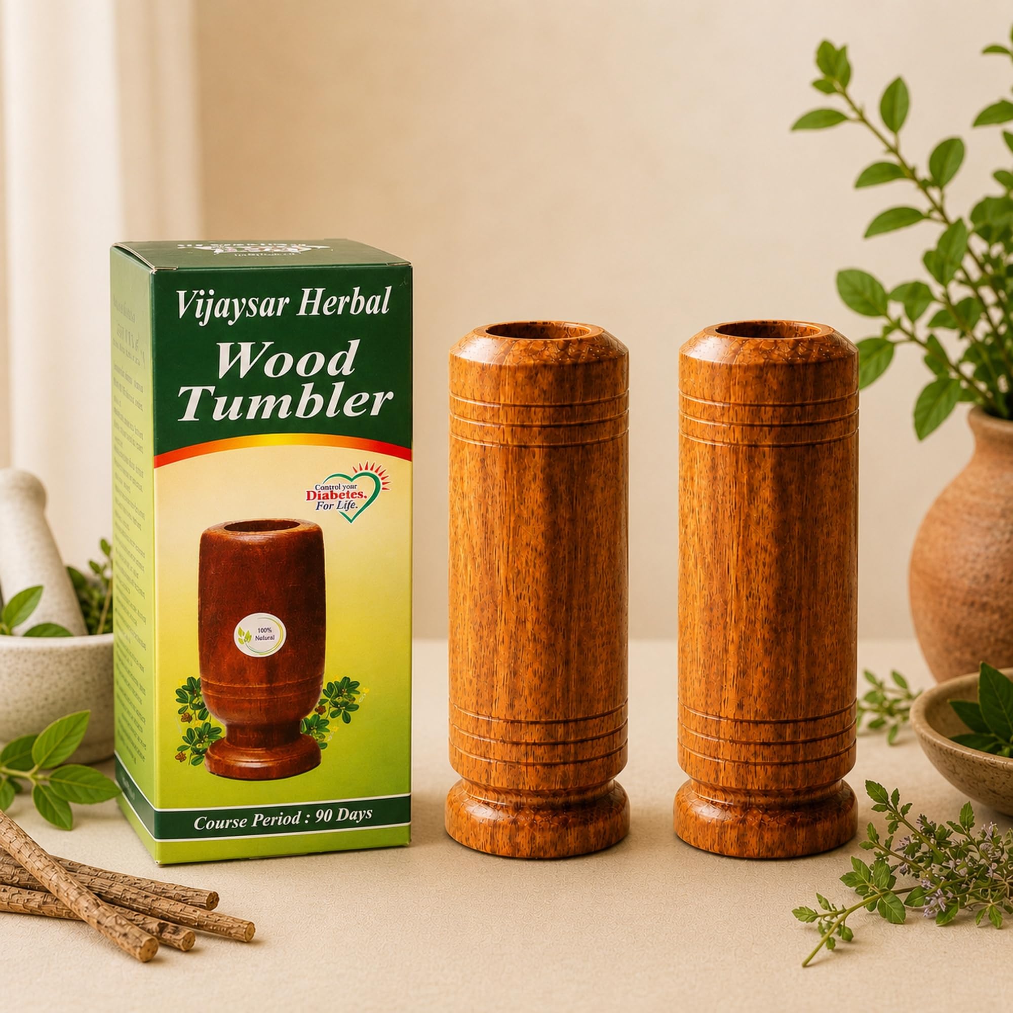 100% Vijaysar Wooden Glass Tumbler Lab Certified Approved by Ayurvedic Doctor, Set of 2 Sugar Control Wood, 80 ml Each, Indian Kino Wood Cup Helps Maintain Blood Sugar Levels, Chemical Free, Reusable