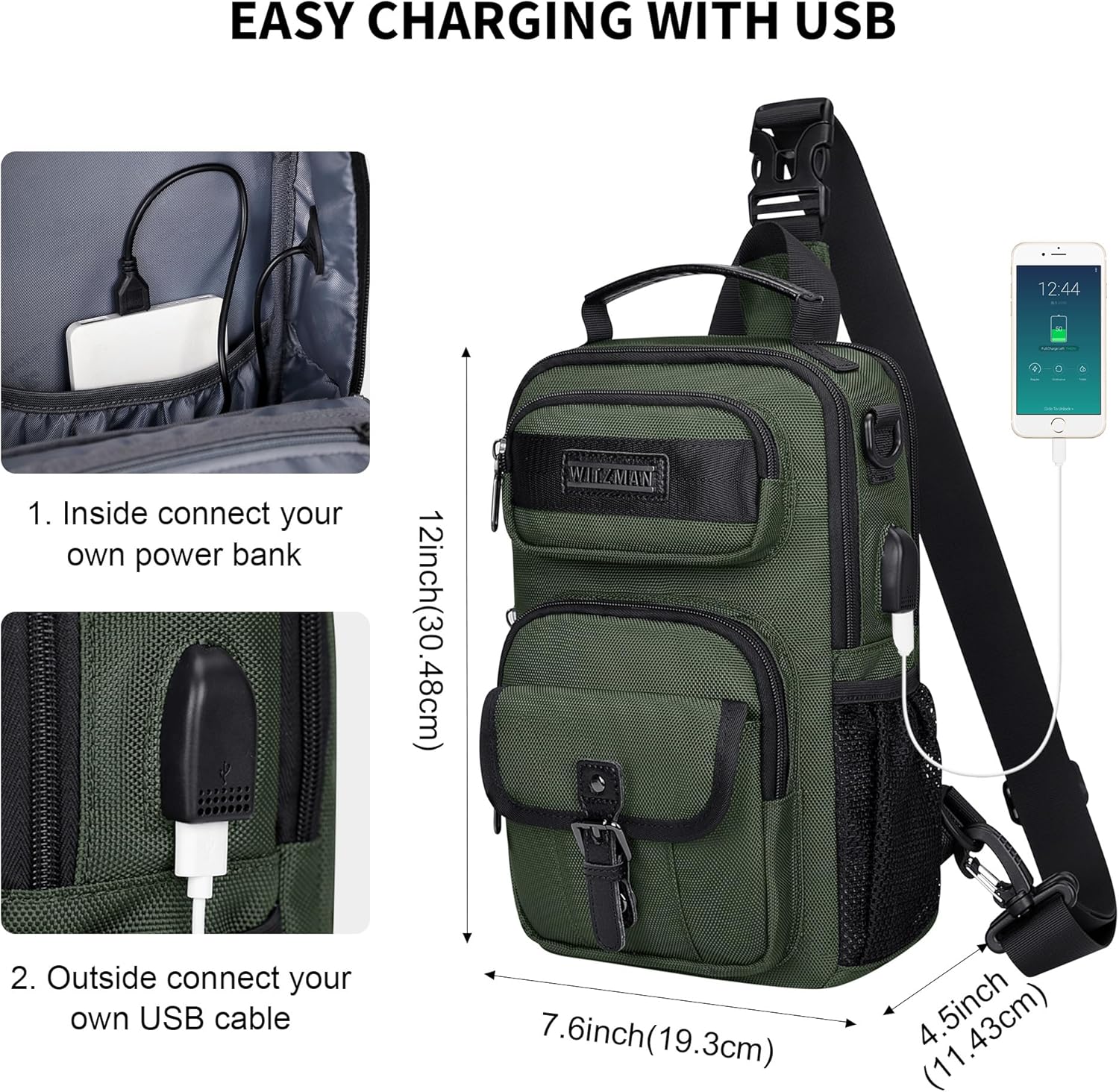 WITZMAN Sling Bag for Men Convertible Travel Sling Backpack USB Charging Port Lightweight Crossbody Bags Casual Daypack（B698 Army Green） - Image 6