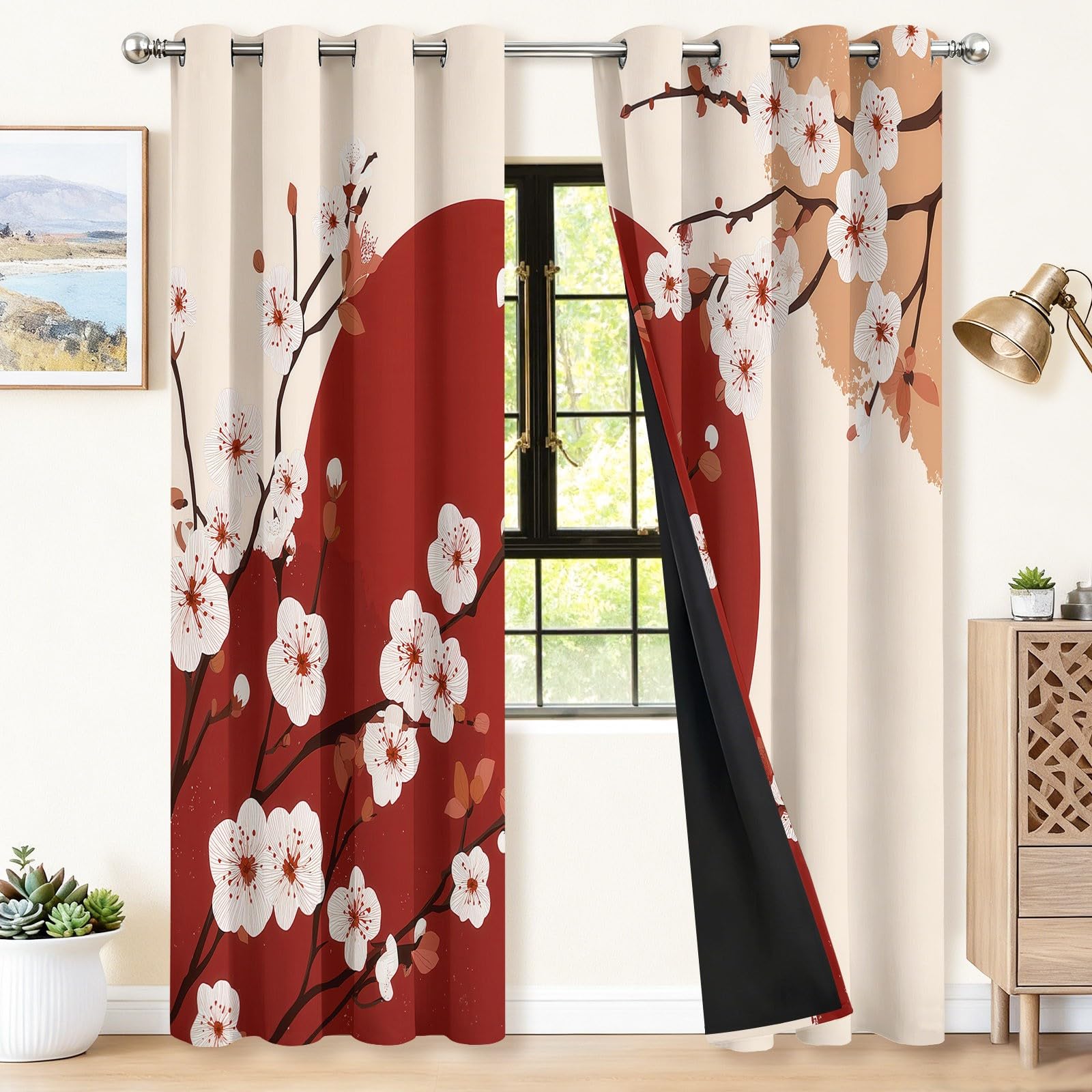 Verdunkelungsvorhänge B75 x H166 cm 2 Paneele, Geräuschreduzierung & Wärmeisolierung Orientalisch Klassisch Elegant Kirschblüte Vorhänge Blickdicht für Schlafzimmer Wohnzimmer Kinderzimmer, Bunt