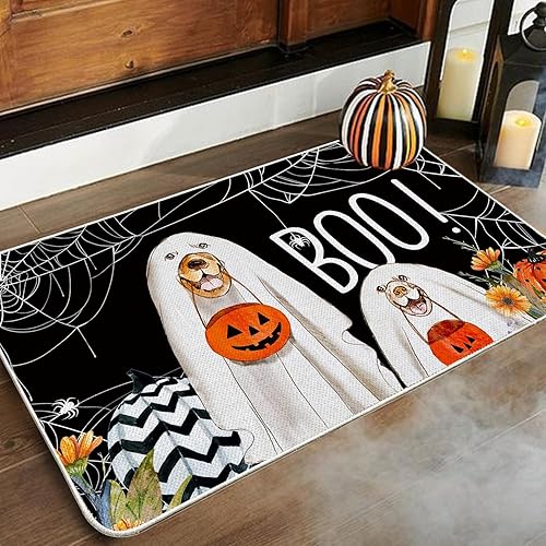 Miniatura 2 de Baccessor Tapete de Halloween Boo para perro, diseño de tela de araña, calabaza, puerta delantera, antideslizante, parte trasera de goma