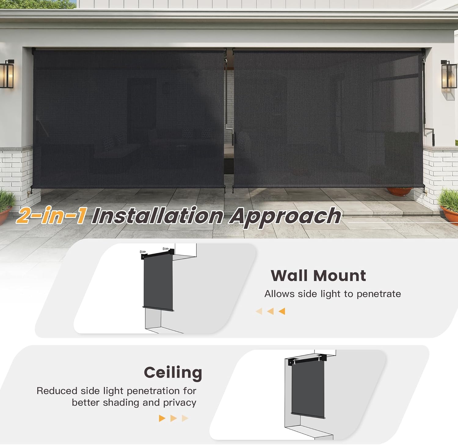 VICLLAX Outdoor Cordless Roller Shade 10' W x 8' H, Patio Shade Roll Up Outdoor Blinds for Front Porch, Graphite Black