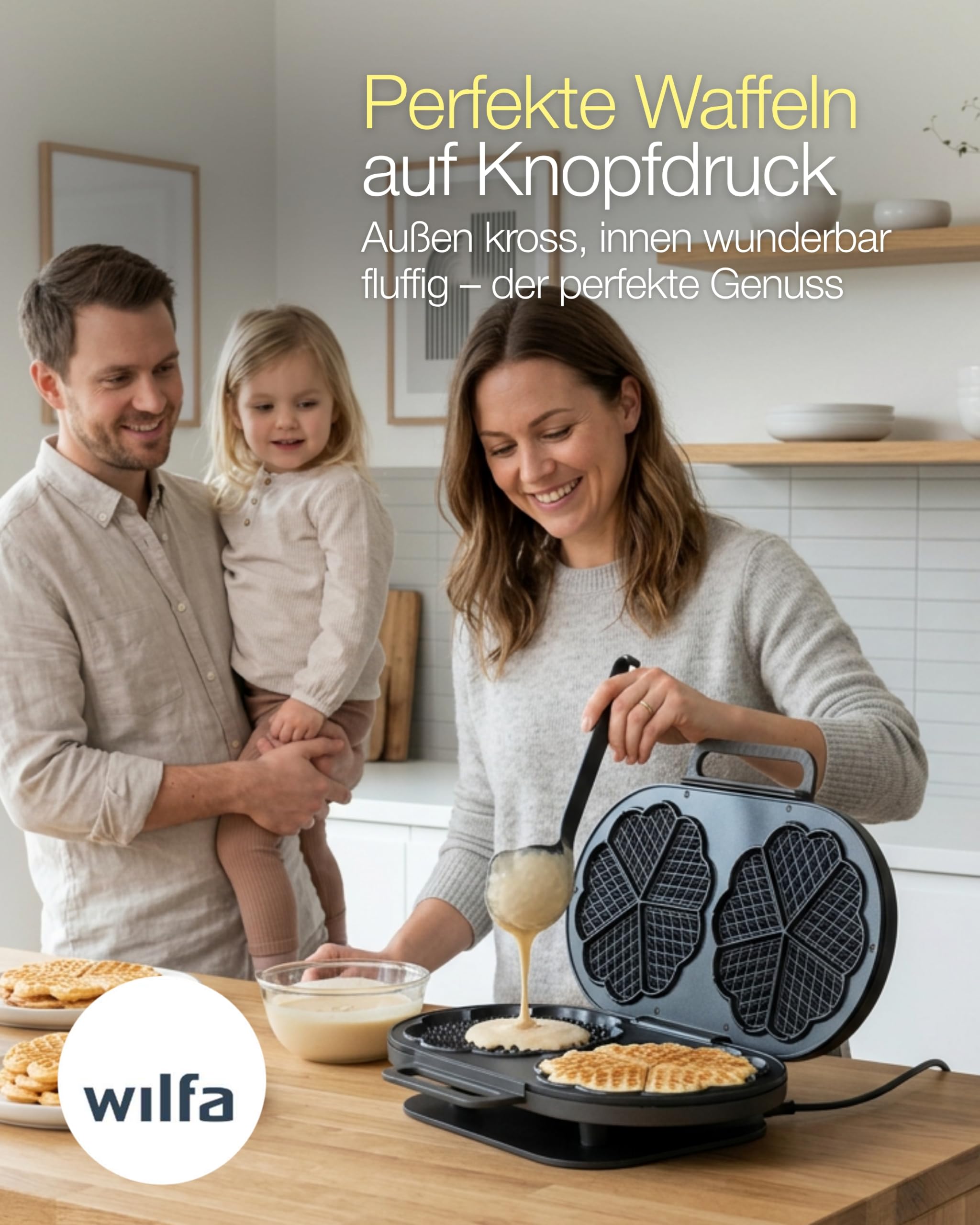 Wilfa JOY Double Waffeleisen I 1.500 Watt I 2x18cm große Herzwaffeln I 5 Temperaturmodi I Mit Alarm-Glocke I Inkl. Teig-Löffel (schwarz)