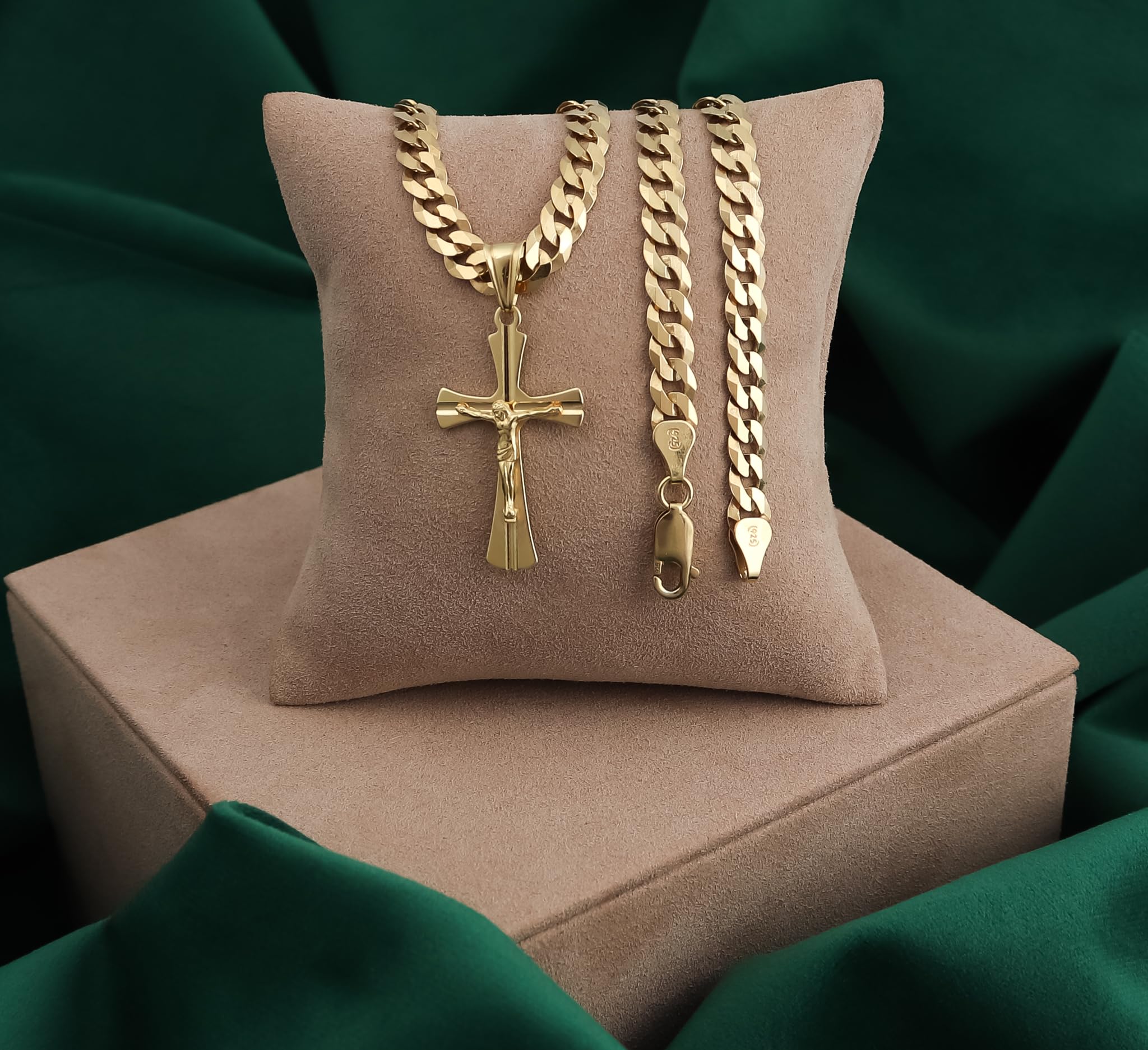 AMAR goldketten herren kreuz 585, Kette Herren 925/585 - goldkette 585 massiv Kreuzkette - Halskette, dicke 6,5 mm Panzerung, vergoldetes Silber