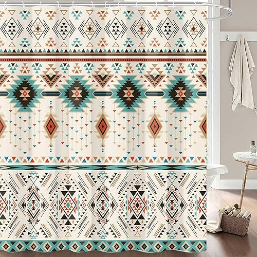 Cortina de ducha azteca para baño, Southwestern Native Tribal Navajo Americano, étnica abstracta, triangular, geométrica, vintage, juego de