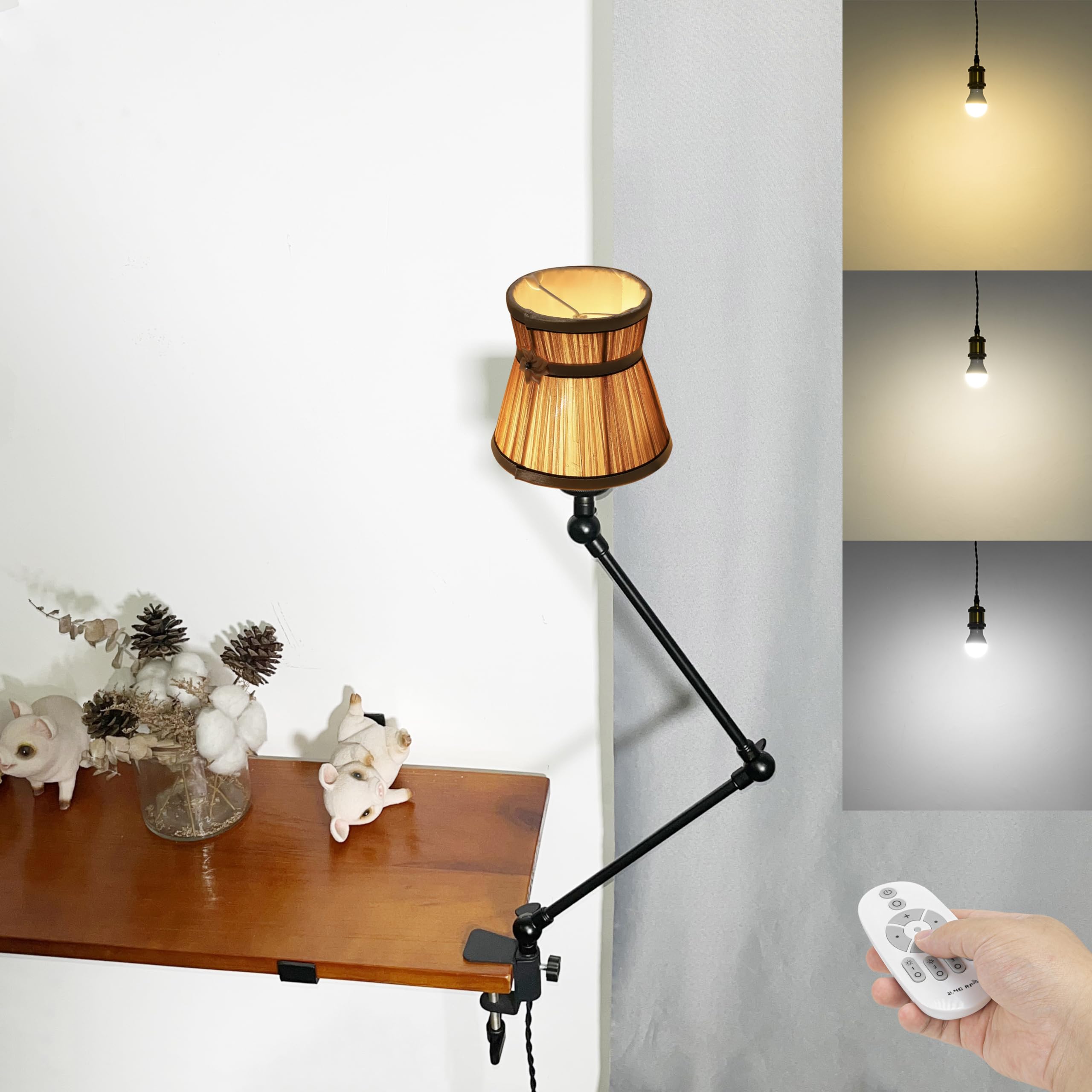 Klemmleuchte mit Fernsteuerung,1 Packung Leselampe mit 2,5 m Kabel, Dimmbar Nachttischlampe,Augenpflege Schreibtischlampe für Büro Heimgebrauch, E27 Lampenhalterung - DZ0329/801