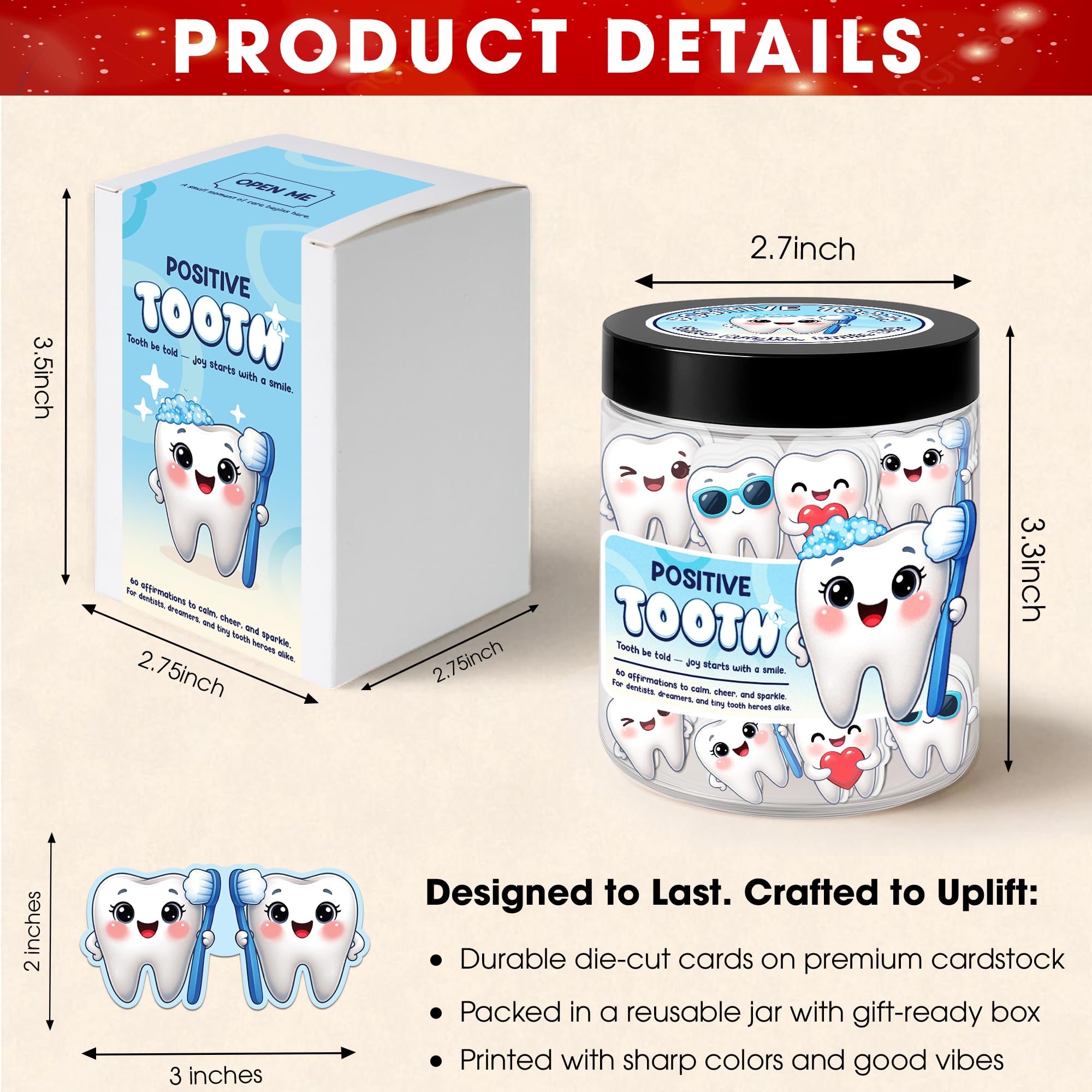Positive Tooth Jar 60 Affirmation Cards for Women Men Teens Coworkers Dental Assistant Gifts For Dentists Christmas White — view 2