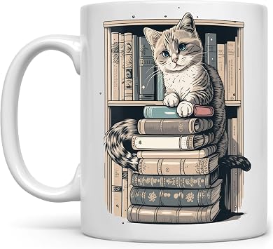 Funny Mug Cat Lovers Mug Library Bookshelf Mugs for Cat And Book Lovers - Librarian Book and Cat Mug, Bookish Items Bookworm Cups Gifts for Book Cat Lovers, Readers Bookish White Coffee Mug 11oz