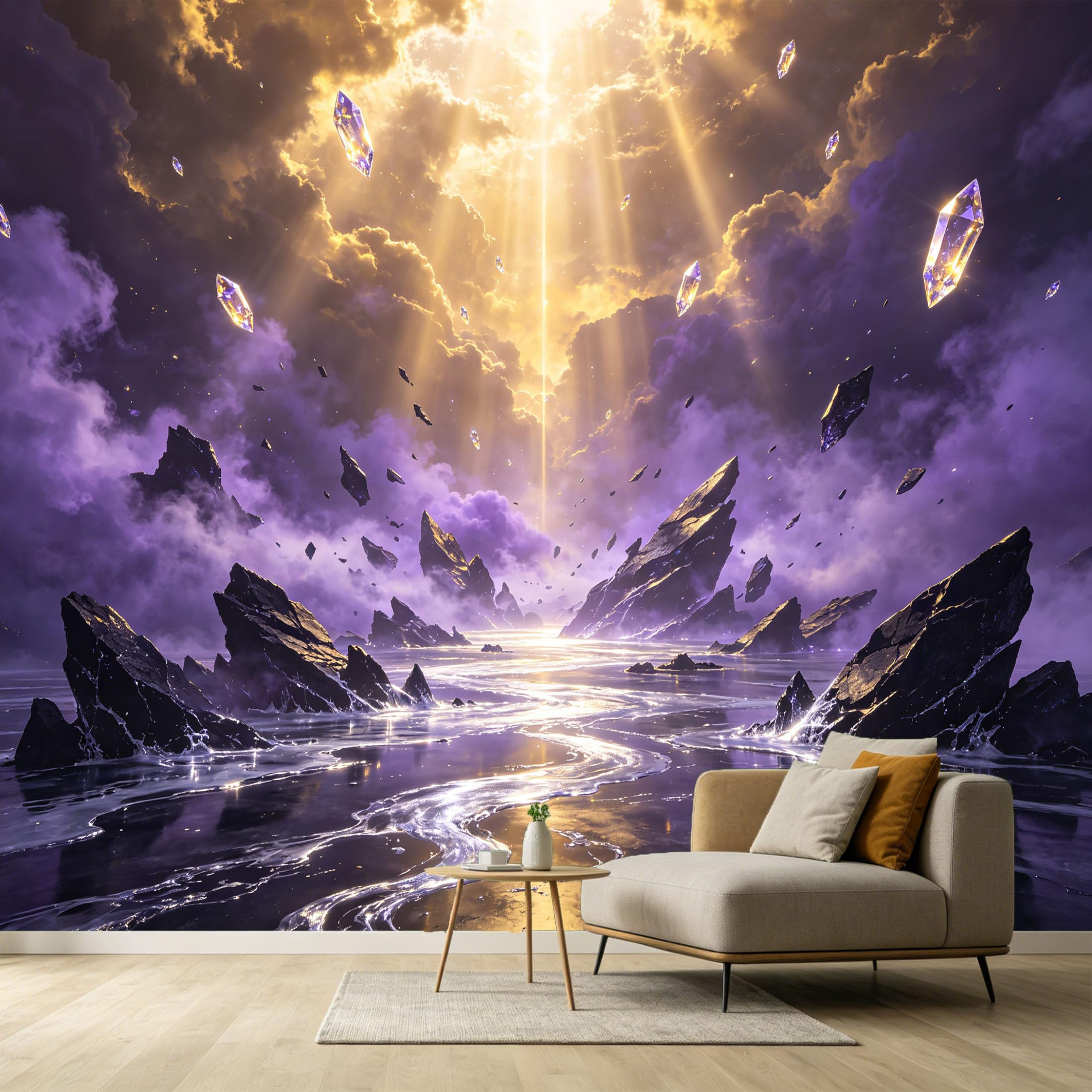 Custom Size Wall Murals Abstract Fantasy Floating Rocks Celestial Rays SelfAdhesive Wall Fabric Removable Large Wallpaper Photo for Living Room Cosmic Energy Light Beams
