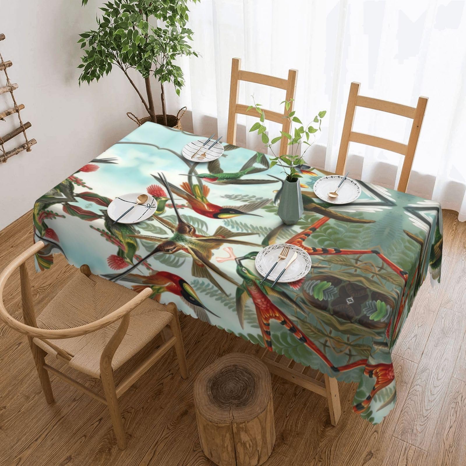 HLSBSSL Beautiful Hummingbirds Patterned square lace tablecloth, wrinkle-resistant and durable, suitable for dining tables, parties, etc.