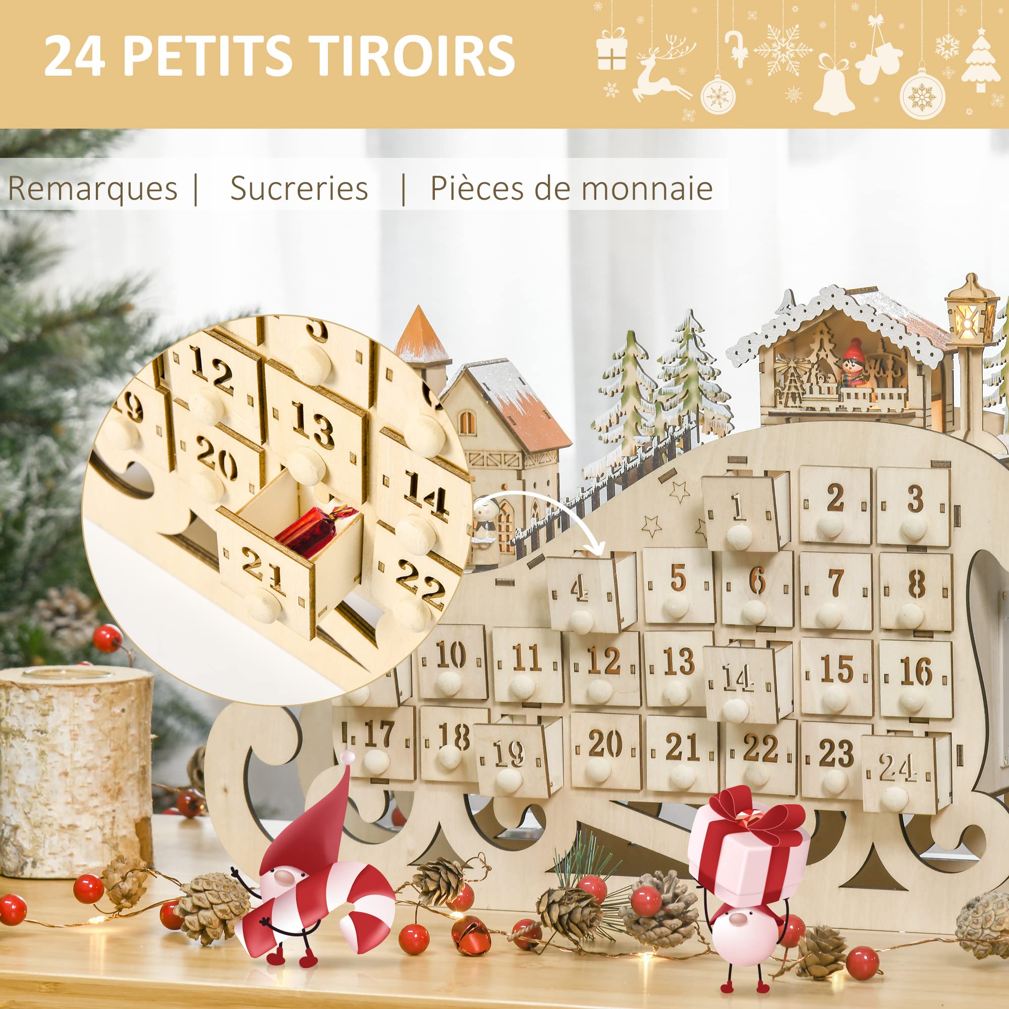 HOMCOM Calendrier de l'avent en bois Lumineux Frome de traineau - 10 lumières Blanc Chaud - 24 tiroirs - décoration Lumineuse de Noël