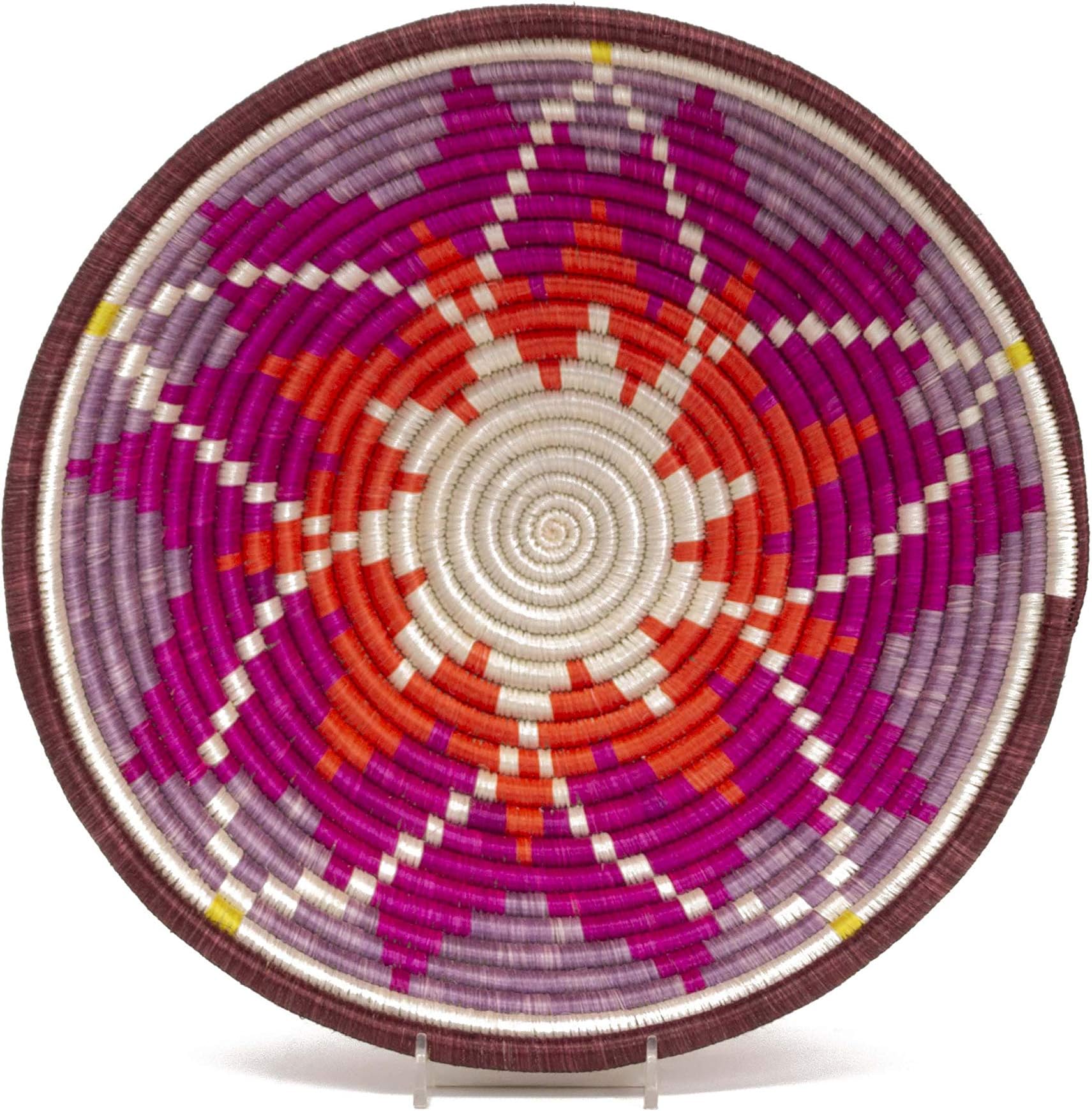 Kazi Large Round Easy to Hang Basket for Wall Decor, Serving or Fruit Basket Food Safe Made of Natural Materials by Hand in Africa 12" D x 3.5" H, Neon Pink