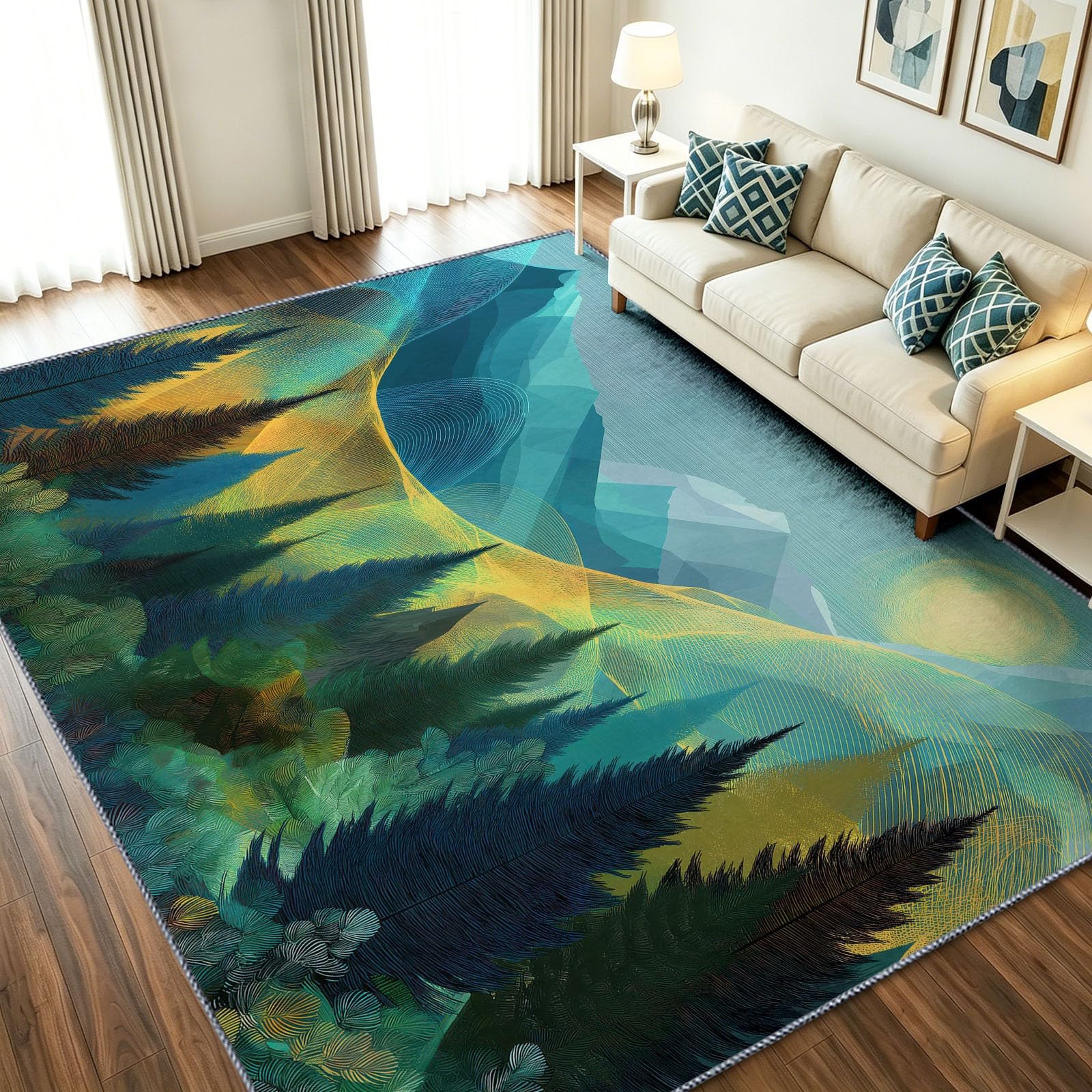Alfombra decorativa premium estilo acuarela bosque de pinos azul 150x