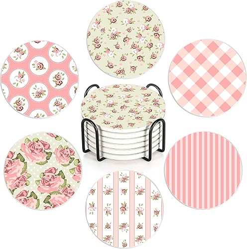 Posavasos para bebidas, 6 piezas, diseño de flores Shabby Chic con soporte de almacenamiento, juego de posavasos de cerámica duradero para bebidas