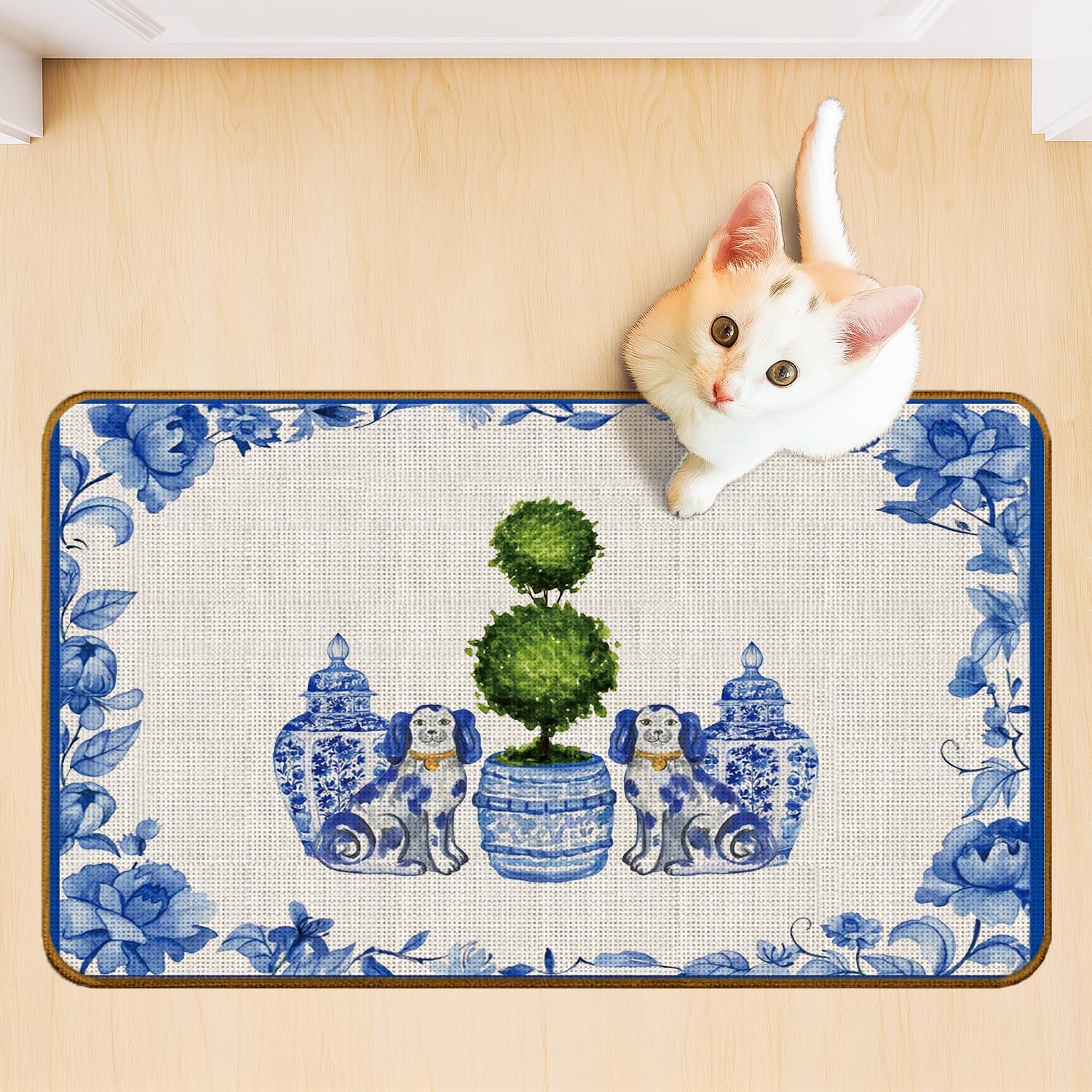 Chinoiserie Topiary Tree Staffordshire Dog Doormat, Grandmillennial Floral Door Mat for Inside Outside Entrance Porch, Blue and White Welcome Mats for Front Door, 17x30 Inches