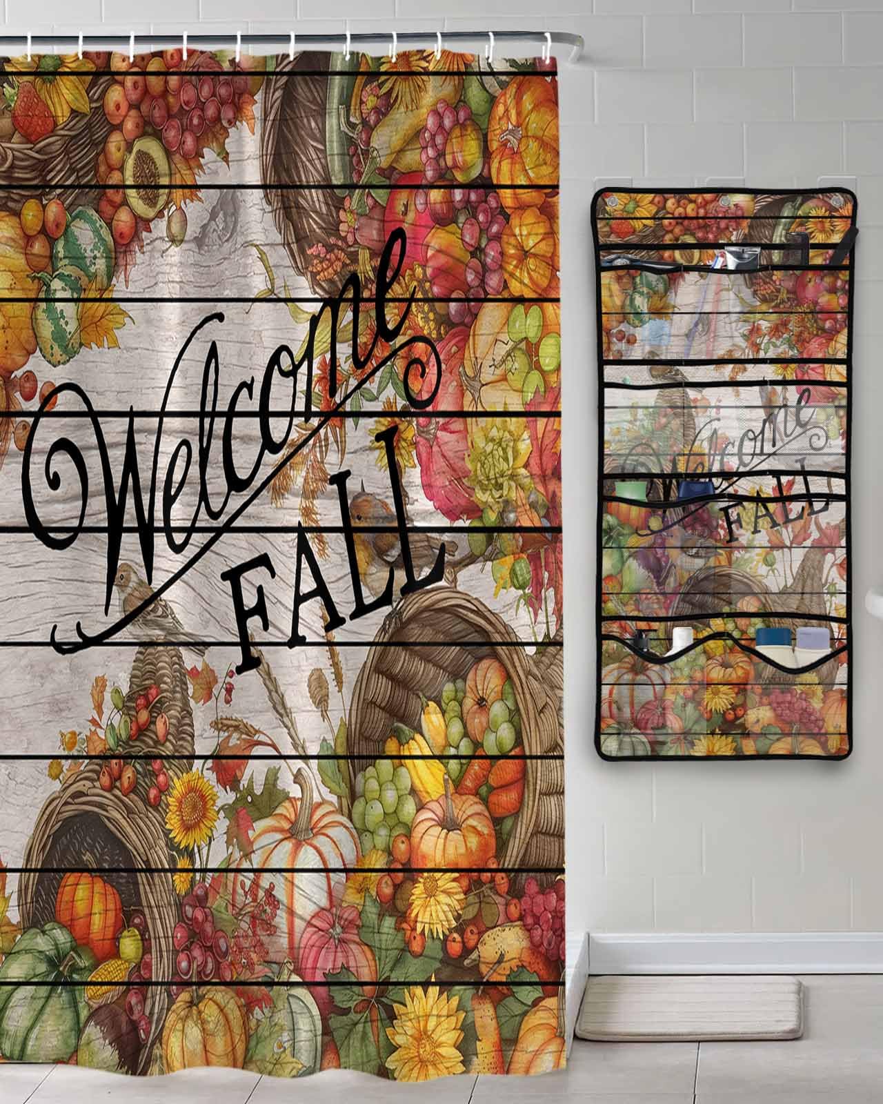 Decorative Shower Curtain Sets Autumn Fabric Waterproof Shower Curtains Welcome Fall Harvest Pumpkin Sunflower Wood Grain Mesh Shower