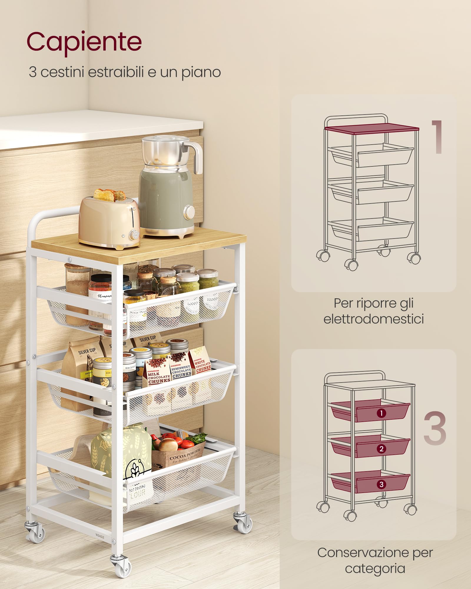 VETALLO Scaffale Metallico A 4 Ripiani Con Ruote – 75x35 Cm – Per Cucina, Dispensa E Garage – Portata 204 Kg - 4