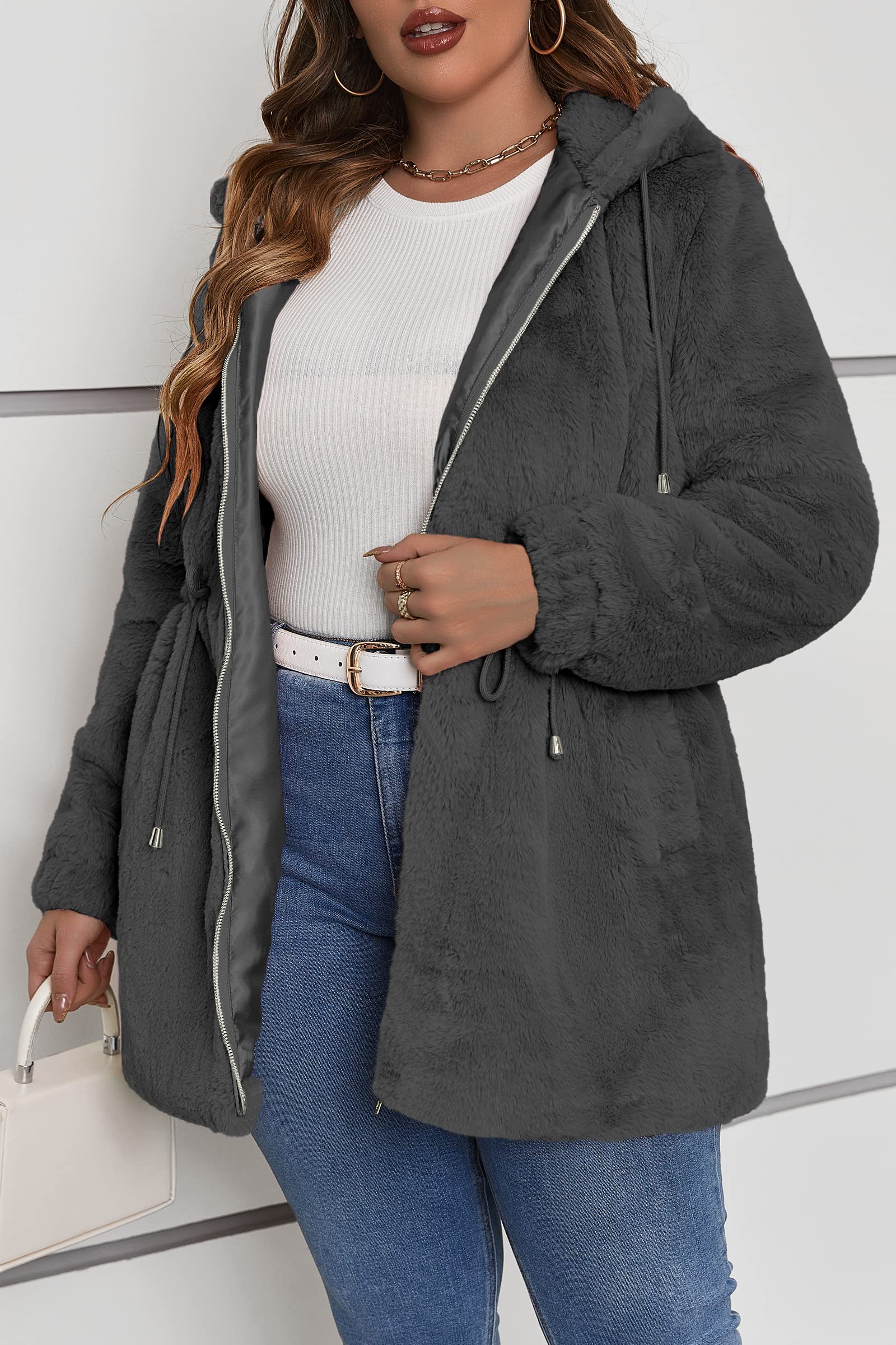 Geschallino Taglie Forti Cappotto da Donna in Pelliccia Sintetica Lungo con Cappuccio Giacca Sherpa Giacca Invernale (XL-5XL)