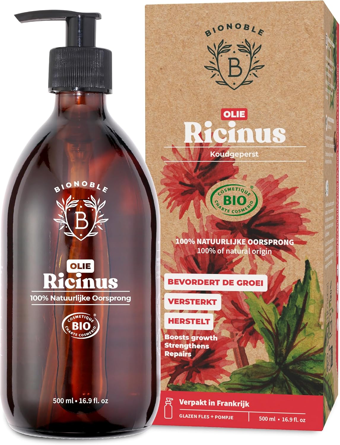 BIOLOGISCHE RICINUSOLIE | 100% Puur, Natuurlijk & Koudgeperst | Wimpers, Wenkbrauwen, Lichaam, Haar, Baard, Nagels | Vegan & Cruelty Free | Castor Oil | Glazen fles + Pompje (500ml)