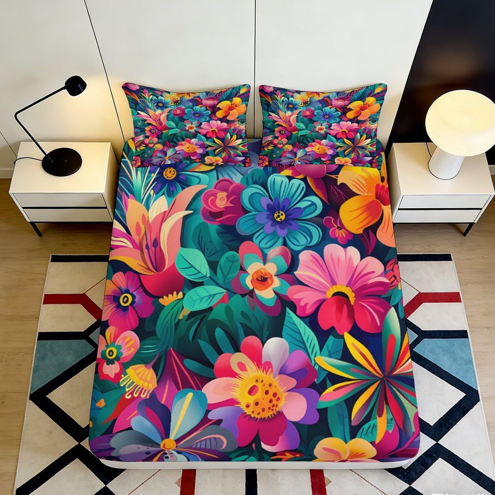 3D Printed Vibrant Floral Fitted Sheet Microfiber Soft Breathable Botanical Garden Bed Cover for Bedroom Guest Room Decor 160x200x25cm
