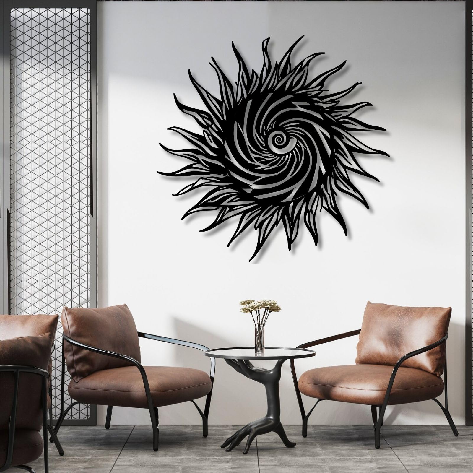Metalowa dekoracja ścienna Wisząca rzeźba spiralny wzór słońca do salonu sypialnia łazienka lub biuro złoty kolor 60 x 60 cm (24 x 24 cale)
