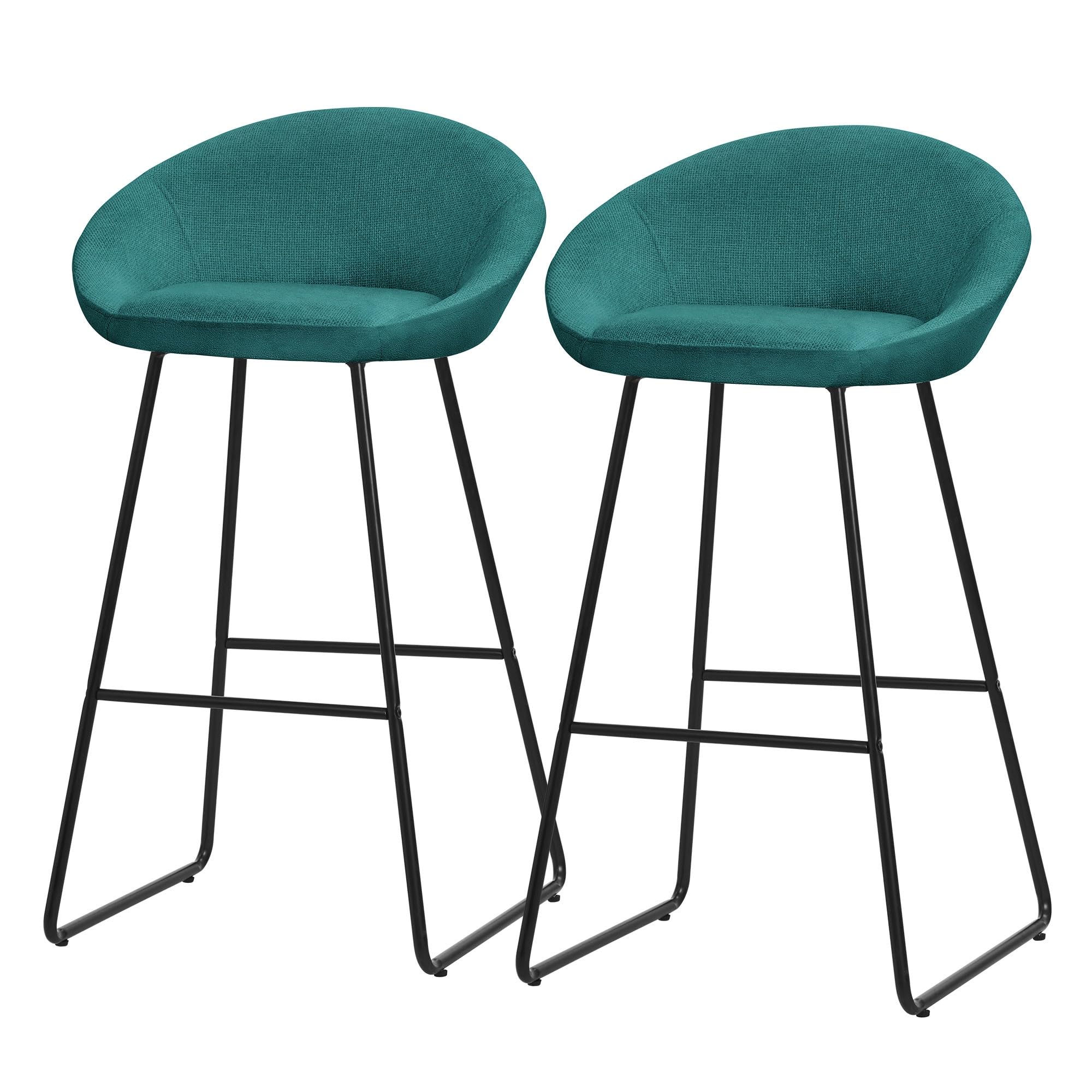 ML-Design 2x Taburetes de Bar Altos Turquesa Oscuro con Funda de Tela 75cm Sillas con Estructura Metálica Asientos de Cocina con Respaldo y Reposapíes, Sillones de barra, Mueble de Mostrador de Bistro