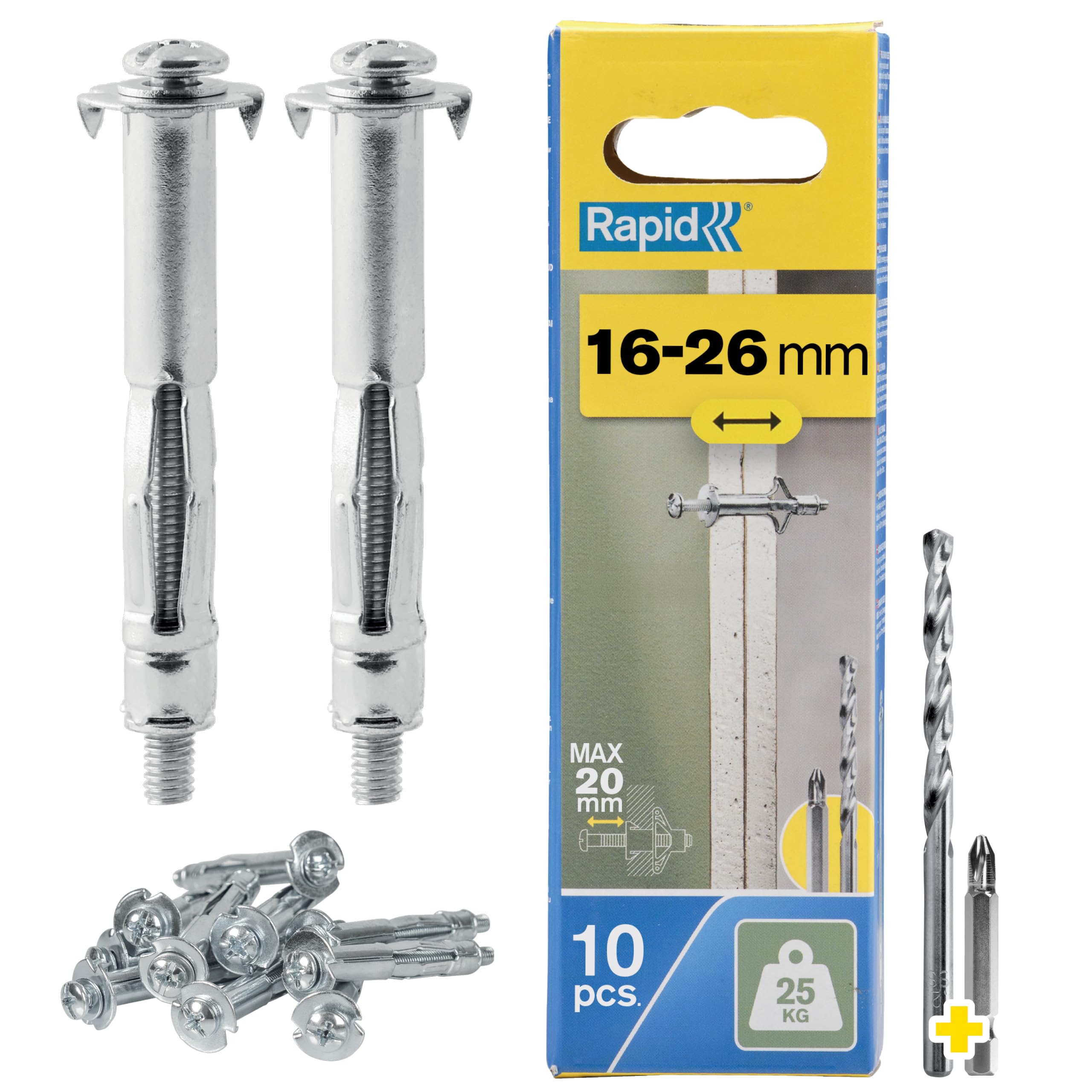 Rapid Confezione da 10 Tasselli ad Espansione in Metallo per Pareti Cave in Cartongesso e Truciolari dallo Spessore di 16-26 mm, Supportano fino ad un Carico di 25 Kg