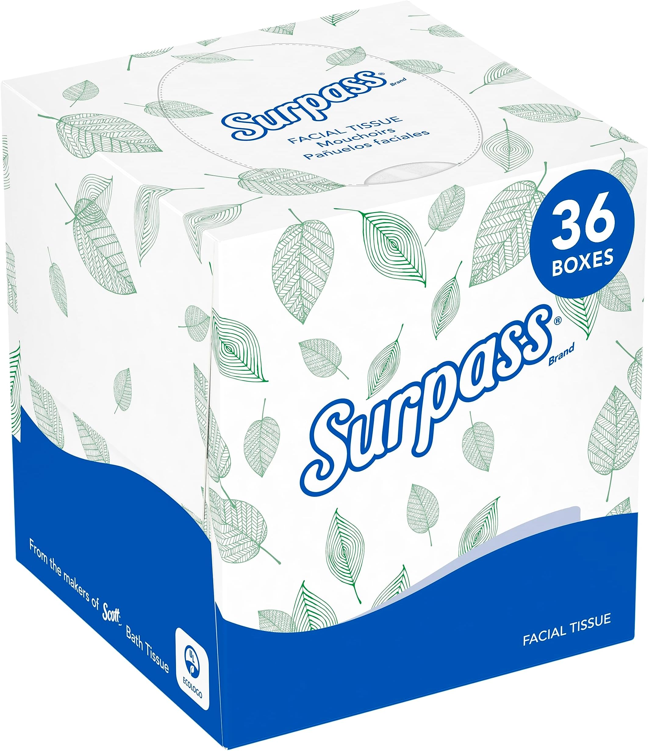 Surpass Facial Tissue, Bulk (21320), 2-Ply, White, Upright Cube Boxed Format, Ecologo, Designed for Business (90 Tissues/Box, 36 Boxes, 3,240 Sheets/Case)