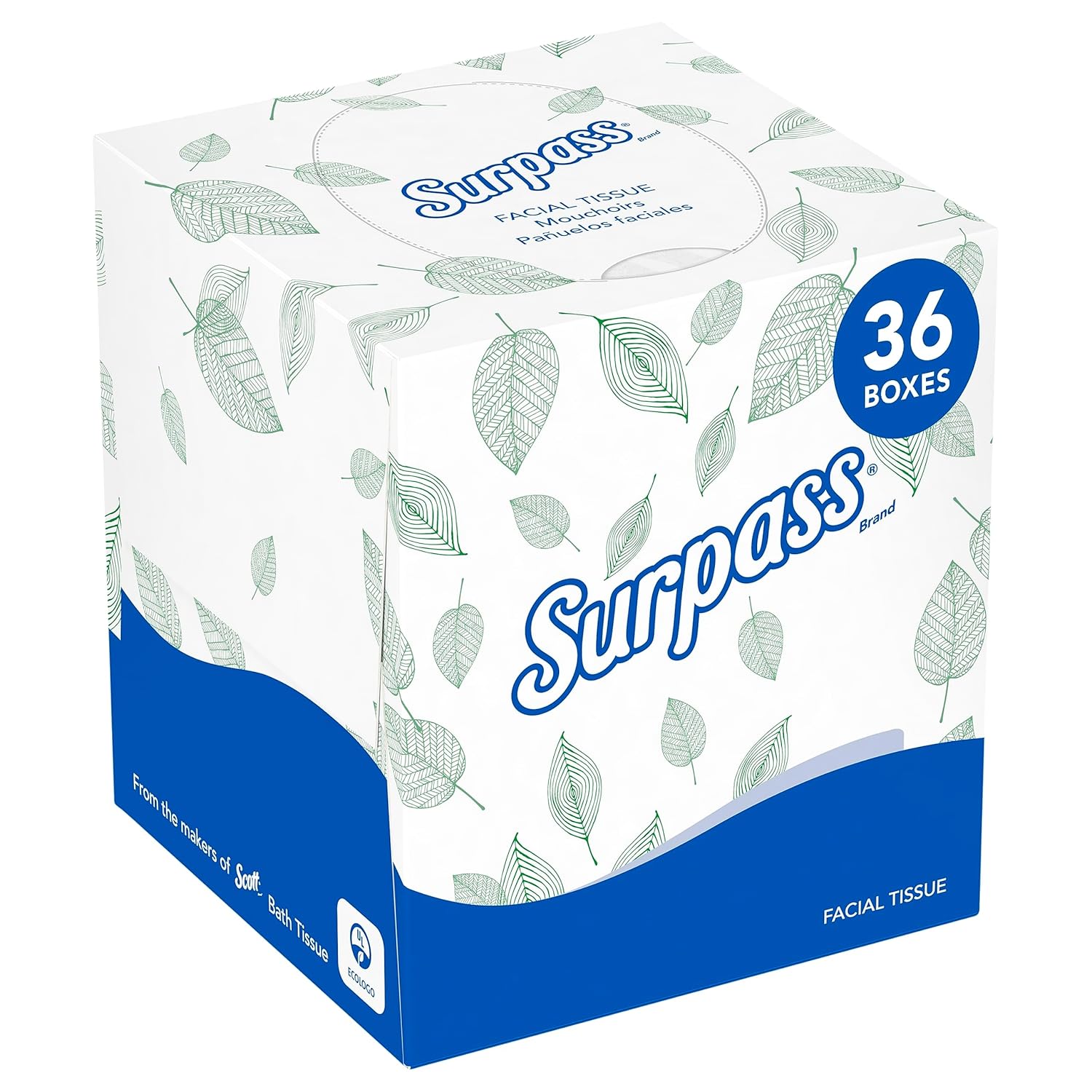 Surpass Facial Tissue, Bulk (21320), 2-Ply, White, Upright Cube Boxed Format, Ecologo, Designed for Business (90 Tissues/Box, 36 Boxes, 3,240 Sheets/Case)