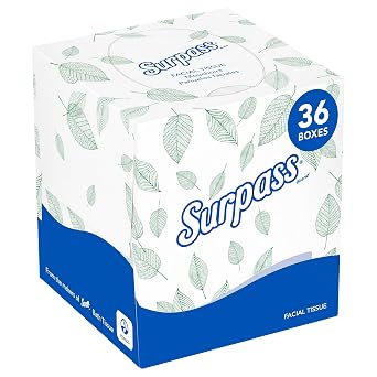 مناديل الوجه Surpass، سائبة 21320، طبقتين، بيضاء، شكل مكعب عمودي، صديقة للبيئة، مصممة للأعمال 90 منديلًا/صندوقًا، 36 صندوقًا، 3240 ورقة/علبة